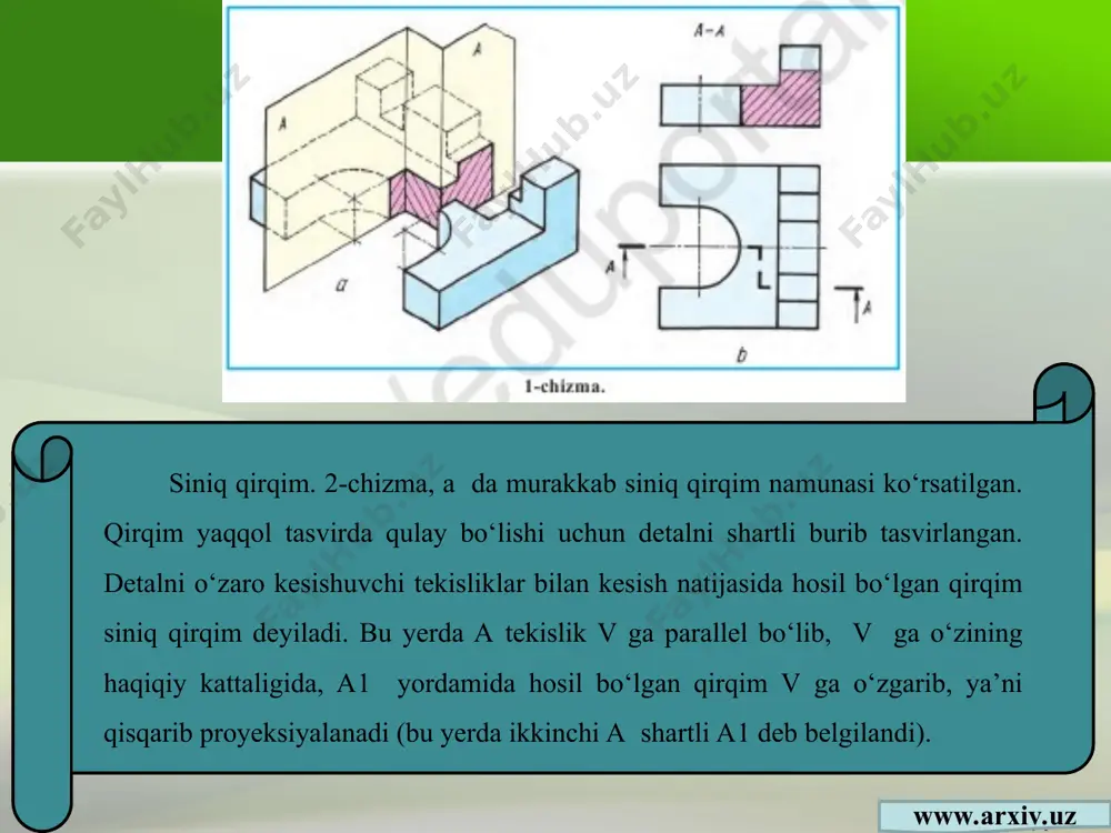 -graﬁ k ish. qirqimlar. variantlar: a1(1–12), b1(13–24), c1(25–36). a2(l–12), b2 (13–24), c2 (25–36). graﬁk ish uchun o‘qituvchining tavsiyasiga binoan ushbu variantlardan biri tanlanadi. kesim, qirqimlar uchun berilgan individual variantlarni masshtabda kattalashtirib ko‘chirib chizishda a4 bichimga moslashtiring va o‘lchamlar son qiymatlarini bajarilgan chizmadan o‘lchab yozib qo‘ying. www.arxiv.uz www.arxiv.uz www.arxiv.uz