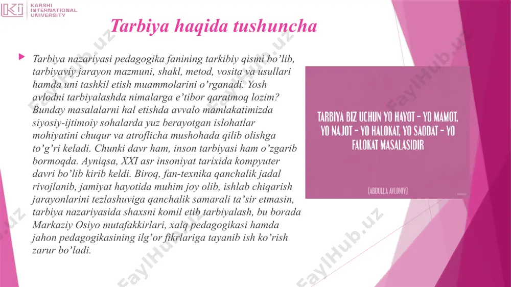 atdan kamolotga erishishlari, zamonaviy fan-texnika asoslarini puxta oʼzlashtirib olishlari uchun gʼamxoʼrlik qilmoqda. oʼzbekiston respublikasining istiqboli nazarda tutilib, koʼpgina yoshlarning turkiya, xitoy, yaponiya, аqsh, germaniya kabi rivojlangan xorijiy mamlakatlarga tahsil olish uchun yuborilayotganliklari fikrimizning yorqin dalilidir. bugungi kunda oʼzbekiston respublikasining «taʼlim toʼgʼrisida» qonunini hayotga joriy etish, taʼlim-tarbiya, sogʼliqni saqlash hamda umumiy tibbiyot muammolarini zamon talablari darajasida olib borish, maktablarni milliylashtirish, oʼrta maxsus hamda oliy oʼquv yurtlariga kirish imtihonlarini test usulida oʼtkazish borasida amalga oshirilayotgan ijobiy ishlar oʼz samarasini bermoqda. jamiyat maʼnaviyati va shaxs kamolotida muhim oʼrin tutuvchi maʼnaviy va axlohiy poklik, iymon, insof, diyonat, or-nomus, mehr-oqibat, keksalarga hurmat singari insoniy fazilatlar oʼz-oʼzidan shakllanmaydi. barchasining asosida yosh avlodga oila, umumiy oʼrta, oʼrta maxsus, kasb-hunar hamda oliy taʼlim tizimida amalga oshirilayotgan taʼlim-tarbiya mazmuni, gʼoyaviy yoʼnalishi va samarasi yotadi. oʼsib kelayotgan yosh avlodning zamon talablariga mos, barkamol inson boʼlib shakllanishlari uchun ijtimoiy tarbiyaning muhim tarkibiy qismlari – aqliy, maʼnaviy-axloqiy, jismoniy, mehnat, estetik, huquqiy, ekologik, …