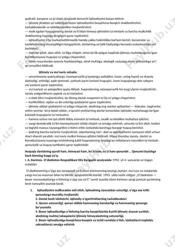 siy mazmuni va mohiyatidir. uchinchidan, o‘zbekiston yo‘li o‘zbek xalqining milliy xususiyatlari, davlatchilik tajribasi, ma’naviy qadriyatlari, sharq madaniyatiga mansublik, ijtimoiy hamkorlik, vatanparvarlik, millatlararo totuvlik kabi fazilatlarga mos ravishda belgilandi. to‘rtinchidan, o‘z yo‘limizni belgilashda islom dini, uning jamiyat ma’naviy hayotidagi o‘rni, musulmon davlatlar bilan o‘zaro aloqalarni kengaytirishdagi ahamiyati hisobga olindi. beshinchidan, yangi yo‘lni tanlashda o‘zbekistonning geostrategik mavqeyi, mustaqillikka erishgan paytdagi iqtisodiy imkoniyatlari, shart-sharoitlari, tabiiy resurslari asos qilib olindi. oltinchidan, respublikadagi o‘ziga xos demografik vaziyat, aholi va mehnat resurslarining tez o‘sib borishi ham inobatga olindi. yettinchidan, odamlarning ijtimoiy ongi, dunyoqarashi ham e’tiborga olindi. negaki, sovetlar zamonida kishilarda shakllangan yaxshi ishlasa ham, yomon ishlasa ham davlat boqadi, degan boqimandalik, tayyorga ayyorlik, mulkka nisbatan bepisandlik ruhiyatini tezlik bilan o‘zgartirib bo‘lmas edi, buni hisobga olish zarur edi, albatta. milliy istiqlolning dastlabki kunidanoq chinakam mustaqil o‘zbekistonni barpo etish, har qanday „izm“ lardan xoli xalqchil, adolatli jamiyat qurish bosh maqsad qilib qo‘yildi. davlatimiz ichki va tashqi siyosatining asosiy …