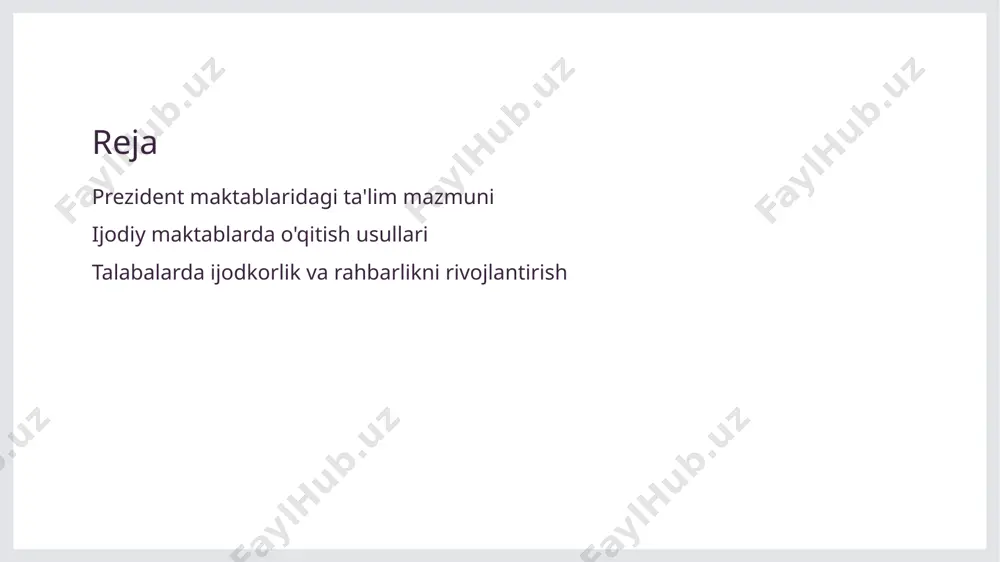 aktablarida innovatsion o'quv metodlari, masalan, flipped classroom va gamification, talabalarning faol ishtirokini ta'minlaydi va o'qitish jarayonini jonlantiradi. 02 texnologiya integratsiyasi zamonaviy texnologiyalar, masalan, interaktiv ta'lim platformalari va virtual sinflar, prezident maktablarida o'qitish jarayonini samarali va qiziqarli qiladi. 03 hamkorlik asosidagi o'qitish o'qituvchilar va talabalar o'rtasida hamkorlikni rivojlantirish, innovatsion usullarni qo'llash orqali ijodiy fikrlash va rahbarlik qobiliyatlarini kuchaytiradi. ijodiy maktablarda o'qitish usullarining asosiy tamoyillari. 1 innovatsion yondashuvlar ijodiy maktablarda o'qitish jarayonida innovatsion yondashuvlar, zamonaviy texnologiyalar va interfaol metodlar qo'llaniladi, bu esa o'quvchilarning qiziqishini oshiradi. 2 talabalarni faollashtirish o'qitishda talabalarni faollashtirishga e'tibor beriladi, bu orqali ular o'z fikrlarini ifoda etish, muammolarni hal qilish va hamkorlikda ishlash imkoniyatiga ega bo'ladilar. 3 shaxsiylashtirilgan o'qitish shaxsiylashtirilgan o'qitish yondashuvi har bir talabani individual ehtiyojlari va qobiliyatlariga mos ravishda rivojlantirishga yordam beradi, ijodiy fikrlashni kuchaytiradi. talabalarni ijodiy fikrlashga tayyorlash strategiyalari. 01 talabalar uchun kurslar talabalarning ijodiy fikrlash qobiliyatlarini rivojlantirish uchun maxsus kurslar tashkil etish, ularning kreativ yondashuvlarini …