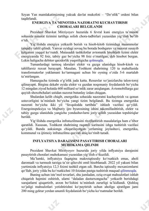 rziyoyev huzurida 6 fevral kuni energiya ta’minoti sohasida nazorat tizimini tartibga solish chora-tadbirlari yuzasidan yig‘ilish bo‘lib o‘tdi. yig‘ilishda energiya yetkazib berish va hisob-kitob tizimidagi muammolar tanqidiy tahlil qilindi. yanvar oyidagi sovuq bu borada boshqaruv va nazorat susayib ketganini yaqqol ko‘rsatdi. mutasaddi tashkilotlar avtomatik hisoblash tizimi elektr energiyasida 92 foiz, tabiiy gaz bo‘yicha 98 foiz o‘rnatilgan, deb hisobot bergan. lekin haligacha debitor qarzdorlik yuqoriligicha qolmoqda. tumanlardagi tarmoq idoralari elektr va gazga ulanishga hisob-kitob va tahlillarsiz ruxsat berayapti. masalan, toshkent shahrining 120 ta mahallasida transformatorlar yuklamani ko‘tarmagani uchun bir oyning o‘zida 5-6 martalab ta’mirlangan. hanuzgacha tizimda o‘g‘irlik juda katta. resurslar xo‘jasizlarcha talon-toroj qilinayapti. birgina dekabr oyida elektr va gazdan noqonuniy foydalanish bo‘yicha 12 mingdan ziyod holatda 600 milliard so‘mlik zarar aniqlangan. avtomobillarga gaz quyish shoxobchalari ustidan nazorat butunlay izdan chiqqan. shulardan kelib chiqib, energetika sohasida nazoratni kuchaytirish va qonun ustuvorligini ta’minlash bo‘yicha yangi tizim belgilandi. bu tizimga energetika nazorati bo‘yicha ikki yil …