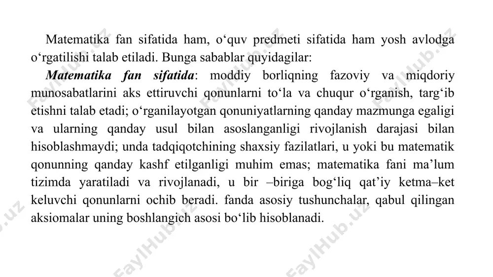 rmasi, metodlari va uning vositalarining metodik sistemasi, pedagogika, psixologiya qonunlari hamda didaktik prinsiplar asosida ochib beriladi. 2. matematika o‘qitishning maxsus metodikasi. bu bo‘limda matematika o‘qitish umumiy metodikasining qonun va qoidalarining aniq mavzu materiallariga tatbiq qilish yo‘llari ko‘rsatiladi. 3. matematika o‘qitishning aniq metodikasi. bu bo‘lim ikki qismdan iborat: 1. umumiy metodikaning xususiy masalalari. 2. maxsus metodikaning xususiy masalalari. masalan, vi sinfda matematika darslarini rejalashtirish va uni o‘tkazish metodikasi deyilsa, bu umumiy metodikaning xususiy masalasi bo‘lib hisoblanadi. matematika o‘qitish uslubiyati fani o‘z oldida turgan vazifalar ko‘lamiga ko‘ra boshqa fanlar bilan uzviy aloqada. avvalo matematikaning o‘zi bilan mustahkam bog‘liq bo‘lib, shu asosda o‘qitishning mazmuni va usullari takomillashib boradi. matematika o‘qitish uslubiyati pedagogik fan bo‘lganligi uchun tabiiy ravishda pedagogika fani yutuqlariga tayanadi. bundan tashqari u psixologiya qonuniyatlari asosida matematika o‘qitish qonuniyatlarini ochib beradi, chunki ta’lim jarayonida o‘quvchilarning ma’lum guruhi(sinf) va hatto ayrim o‘quvchilar xususiyatlariga e’tibor berish, ularning qiziqish va diqqat-e’tiborlari, xotiralarini hisobga olish, o‘zlashtirish …