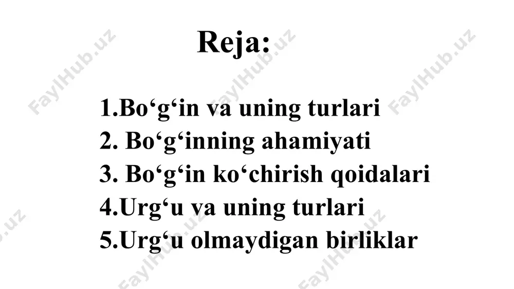y+shiq, non+voy, ras+som kabi so’zlarning barcha bo’g’inlari; 4)yopiq boshlanuvchi ochiq bo’g’in: da+la, qo+ra, sa+ra kabi so’zlarning barcha bo’g’inlari ilmiy adabiyotlarda bo’g’in tiplari tasnifining yana boshqa turlari ham bor. xususan, taniqli fonetist a. mahmudov bo’g’inlarni quyidagicha tasnif qiladi: 1)to’la ochiq bo’g’in. u faqat unlidan iborat bo’ladi: a+na, a+ka, o+pa so’zlarining birinchi bo’g’ini; 2)to’la yopiq bo’g’in. bunday bo’g’in undosh bilan boshlanib, undosh bilan tugaydi: tar-tib, tar-vuz so’zlaridagi barcha bo’g’inlar; 3)boshi yopiq bo’g’in. bunday bo’g’in undosh bilan boshlanib, unli bilan tugaydi: bo-la, ta-na so’zlaridagi barcha bo’g’inlar; 4)oxiri yopiq bo’g’in. bunday bo’g’in unli bilan boshlanib, undosh bilan tugaydi: or-tiq, o’r-ta so’zlarining birinchi bo’g’inlari. eslatma! agar undosh ikkita unli o‘rtasida kelsa, o‘zidan keyingi unli bilan bo‘g‘in hosil qiladi. masalan, deng-iz emas, de-ngiz, bol-a-lar-i emas, bo-la-la-ri, sing-il emas, si-ngil. eslatma! ng harfiy birikmasi ikki unli orasida kelsa, bo‘g‘inga ko‘chirganda ikkinchi unli bilan bo‘g‘in hosil qiladi. masalan, ko‘ngil – ko‘-ngil; singil – si-ngil; dengiz – de-ngiz. agar …