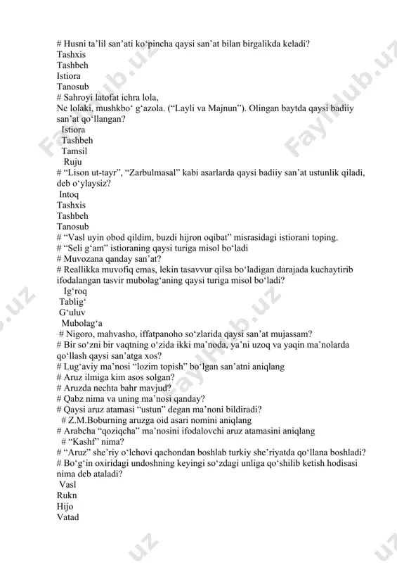 ri ko‘rsatilgan? # asliy ruknning o‘zgarishga uchrashi nima deb ataladi? # turkiy aruzda kam qo‘llanilgan bahrlar qatorini ko‘rsating. mutadorik, munsareh, komil muzore’, mujtass, madid sare’, hafif, mutaqorib hazaj, ramal, rajaz # a. navoiyning aruzga bag‘ishlangan, ilk bor turkiy tilda yaratilgan asari nomini aniqlang # aruz ilmiga ko‘ra, har biri bir necha rukndan tashkil topgan qofiyali yoki qofiyasiz ikki misra she’r qanday nomlanadi? bayt rikn qator hijo # “batar” so‘zining lug‘aviy ma’nosini aniqlang. # sensan sevarim, xoh inon, xoh inonma, qondur jigarim, xoh inon, xoh inonma. baytning taqte’i to‘g‘ri belgilangan chizmani toping. - - v/ v - -v / v--v / v - - v - - -/ v - - -/ v - - -/ v - - -/ - v - - / - v - - /- v - - /- v - - - - v/ v - - -/ v - - - / v - …