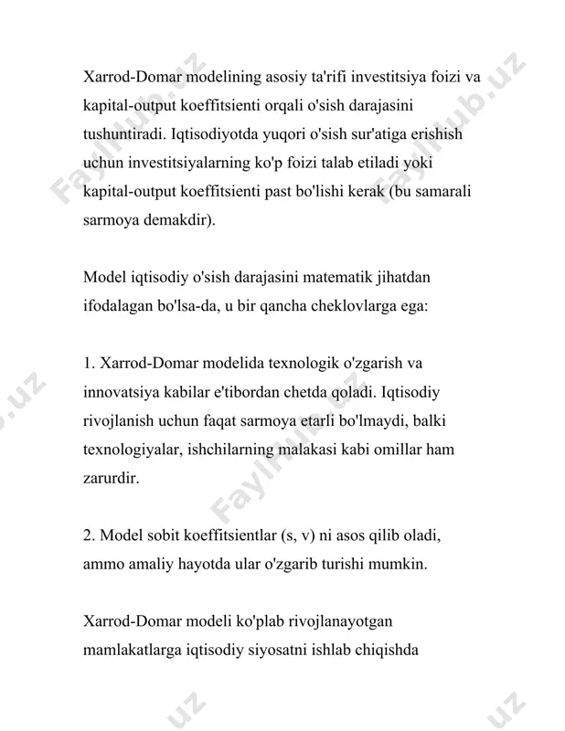 cdot l^{1-\alpha} \] bu erda \(\alpha\) - kapitalning ishlab chiqarishdagi ulushini ko‘rsatuvchi parametr (0 < \(\alpha\) < 1). 2. **kapitalning qimmatlashishi va yangilanib turishi**: kapitalning (k) o‘zgarishi asosan investitsiyalar (i) va amortizatsiya (d) bilan bog‘liq bo‘lib, quyidagi tenglama orqali ifodalanadi: \[ \delta k = i - dk \] bu yerda \(\delta k\) — kapitalning o‘zgarishi, \(d\) — amortizatsiya darajasi. 3. **iqtisodiy o‘sish omillari**: solou modeliga ko‘ra, iqtisodiy o‘sishni ta’minlovchi asosiy omillar quyidagilar: - **mehnat o‘sishi** (n): mehnat resurslari miqdorining o‘sishi. - **texnologik taraqqiyot** (g): uzoq muddatda yuqori iqtisodiy o‘sishni davom ettirish uchun texnologiyaning yangilanib turishi muhim ahamiyatga ega. modelda bu ko‘pincha ekzojen tarzda qabul qilinadi. 4. **muvozanat holatiga yetishish**: solou modelida uzoq muddatda iqtisodiyot bir muvozanat holatiga keladi, bu holatda odam boshiga kapital o‘zgarmaydi (ya’ni, har bir ishchi uchun kapital miqdori barqaror bo‘ladi). bu holatga "barqaror holat" deyiladi. 5. **barqaror holatda iqtisodiy o‘sish**: solou modelida iqtisodiyot barqaror holatga kelganda, odam …