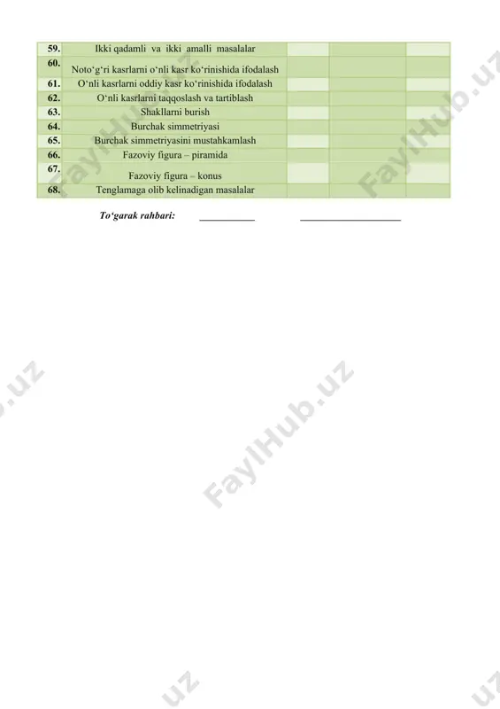 to‘g‘rilay olish; c)rivojlantiruvchi: tasavvur ko‘nikmalarini rivojlantirish. fk2: o‘qituvchi bilan hamkorlikda masalaning yechimini topish rejasini tuza olish, tuzilgan reja asosida ishlay olish va o‘z faoliyatini to‘g‘rilab olish. mashg`ulotning turi: yangi bilim beruvchi; mashg`ulotning metodi: suhbat, savol- javob, interfaol metodlar. mashg`ulotning jihozi:mashg`ulotlik, tarqatmalar, ko`rgazmalar, akt. mashg`ulotning borishi. i. tashkiliy qism.salomlashish. o’quvchilarni mashg`ulotga tayyorlash. sinf ahborotini eshitish. ii. o`tilgan mavzuni mustahkamlash yuzasidan savol- javob o`tkaziladi va rag`batlantiriliboriladi.uyga vazifa tekshiriladi. daftarlar almashtiriladi. iii. yangi mavzu bayoni:yangi mavzu sinf doskasiga yoziladi. o’quvchilarga yangi mavzu aytiladi. mashg`ulotlikdagi misol masalalar yordamida yangi mavzu tushuntiriladi. 1.o`quvchilarga misolni yechilishini tushuntiraman. chizmadan foydalanib yig`indilarni taqqoslang. ifodalar tengligi haqida xulosa chiqaring. 2. guruhlab qo‘shing: 120+ 80 + 20=220220+ 460+ 40=720 530 + 120 + 70=720 140+ 90 + 60=290350 + 170+ 50=570 280 + 320 + 210=810 3. to‘g‘ri to‘rtburchakning bo‘yi 72 cm, eni bo‘yidan27 cm qisqa. to‘rtburchakning perimetrini toping. 4. 7 · x = 63 48 : x = 6 …