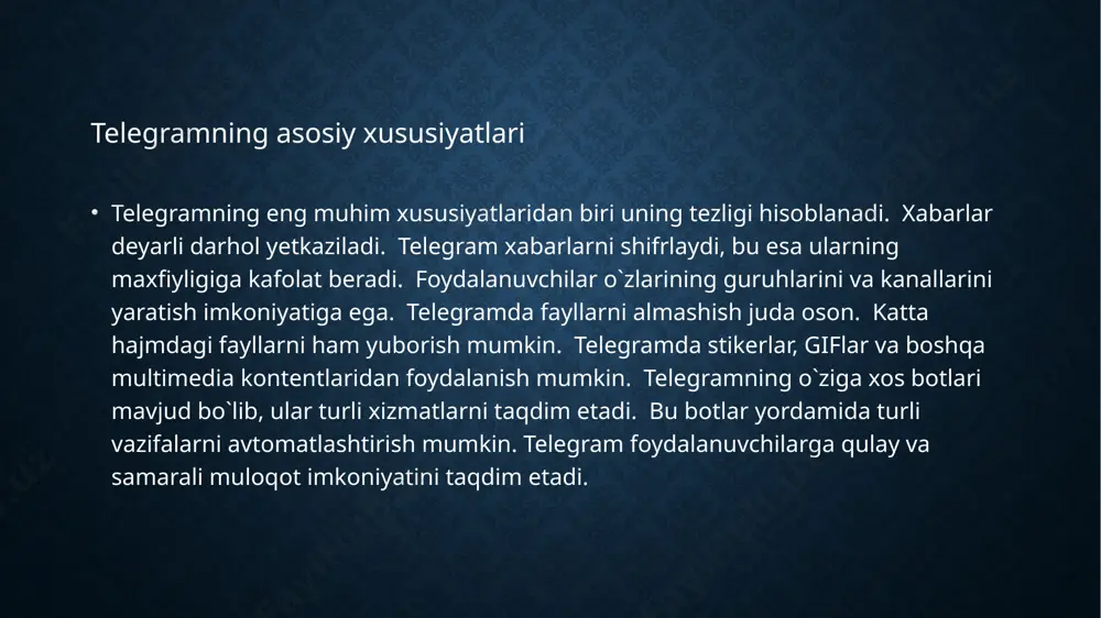 gi va xavfsizligi bilan ajralib turadi. telegramda katta hajmdagi fayllarni almashish mumkin. telegramda botlardan foydalanish mumkin. telegramning boshqa messenjerlardan afzalliklari ko`p. telegramning ba`zi kamchiliklari ham bor. telegramning kamchiliklarini bartaraf etish uchun ishlar olib borilmoqda. telegram o`zining afzalliklari tufayli boshqa messenjerlar orasida o`z o`rnini egallagan. telegram va boshqa messenjerlar taqqoslashi telegram marketingda ham keng qo`llanilmoqda. u mahsulotlarni reklama qilish va sotish uchun ishlatilmoqda. telegram orqali mijozlar bilan aloqa o`rnatish mumkin. telegramda marketing uchun maxsus botlar yaratish mumkin. bu botlar yordamida mijozlarga xizmat ko`rsatishni avtomatlashtirish mumkin. telegram kanallari orqali yangiliklarni tarqatish va mahsulotlar haqida ma`lumot berish mumkin. telegram guruhlari orqali mijozlar bilan muhokama qilish va fikr almashish mumkin. telegram marketing uchun qulay va samarali vosita hisoblanadi. telegramning bepul va ochiq manbali ekanligi marketing uchun juda qulaydir. telegramning marketingda qo`llanilishi telegram ta`limda ham qo`llanilishi mumkin. u talabalar va o`qituvchilar o`rtasida aloqa o`rnatish uchun ishlatilishi mumkin. telegram orqali o`quv materiallarini almashish mumkin. telegramda ta`lim …