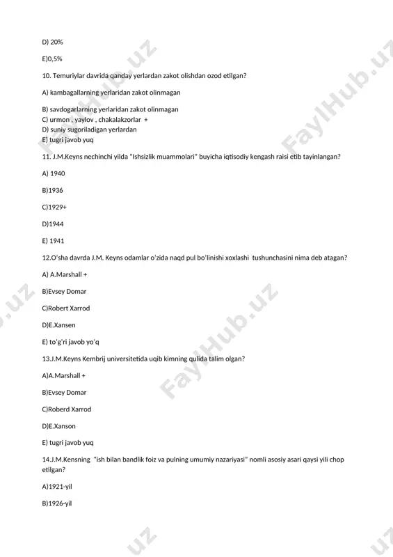 sabablari talqin etiladi 3. kamchiliklarni bartaraf qilish maqsadida iqtisodiyotni tartiblash. + c) 1.bandlik; 2) jamgarma; 3)investitsiya d) 3-javob tugri e) hamma javoblar tugri 21.jaxon tajribasida bozor iqtisodiyotiga utishning yullari umumlashtirilgan bulib necha turga bulinadi a) 5 turga b) 3 turga c) 2 turga d) 4turga+ e) 8 turga 22.bozor iqtisodiyoti nazariyasi va bu nazariyaga asoslanib keskin amalga oshadigan islohotlar majmuyiga… a) shok terapiya deyiladi+ b) revolyutsion yul deyiladi c) evolyutsion yul deyiladi d) b va c javoblar tugri e) gollizm iqtisodiy siyosati deyiladi 23.respublikamizda aholini ijtimoiy himoyalash chora tadbirlari nechta yunalish buyicha amalga oshiriladi a) 5 ta yunalish buyicha b) 3 ta yunalish buyicha++ c) 10 ta yunalish buyicha d) 9 ta yunalish buyicha e) 2 ta yunalish buyicha 24. 2017 yil 7-fevralda f-4947 sonli prezidentimiz sh. mirziyiyevning dasturi nomi ? a)”ozbekiston respublikasining yanada rivojlantirish buyicha harakatlar stategiyasi” tugrisida ++ b) “uz.respublikasi iqtisodiyotiga bosqichma bosqich utish ” c) utish davri …