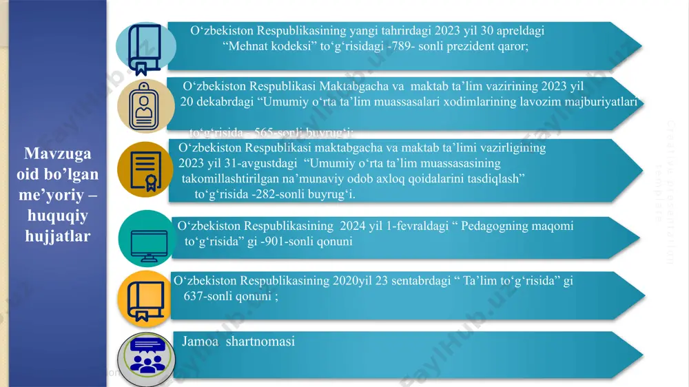 to‘g‘ri talqin qilinishi. 1. o‘zgarishlarni hammaga bir vaqtda yetkazish hamda yangiliklarga ishtirok etishni ta’minlash. 2. bo‘layotgan o‘zgarishlarni, ijobiy tomonlarini yoritish. 3. bo‘layotgan yangiliklarni shaxsiy rivojlantirishda bog‘lanish treninglari tashkil qilish. metod birlashma direktor o’rinbosari maktab psixologi o‘quv yili davomida bo’layotgan o‘zgarish hamma tomonidan bir xil qabul qilinishi va tushuntirilgan ijobiy tomonlar xodimlar orasida muhokamaga aylanib bo‘layotgan o‘zgarishning ijobiy tomonlari qabul qilinishi va qarshi fikrlar o‘zgarishi. 2 muassasada o‘zgarishlarga qarshi bo’lgan muammoli xodimlarning o‘zgarishga qarshilik sabablarini bartaraf etish. muammo bo‘yicha mavjud ma‘lumotlarga ega bo‘lish. 2. “72 soat ”qoidasi asosida ish yuritish 3. faoliyat olib borayotgan xodimlarni doimiy kuzatib borish. maktab direktor maktab direktor direktor, direktor o‘rinbosarlari, psixolog o‘quv yili davomida kuzatuvchanlik va xodimga moslashuvchanlik orqali xodimga yaqinlashish va uning holatini his qilinishi. faol tinglash orqali suhbatdoshning fikrini bilib olinishi va vaziyatga qarab to‘g‘ri qaror qabul qilinishi. creative presentation template creative presentation template image2.png image3.jpeg image4.png image38.svg image40.svg image5.png image6.gif image9.png image48.svg image10.png …