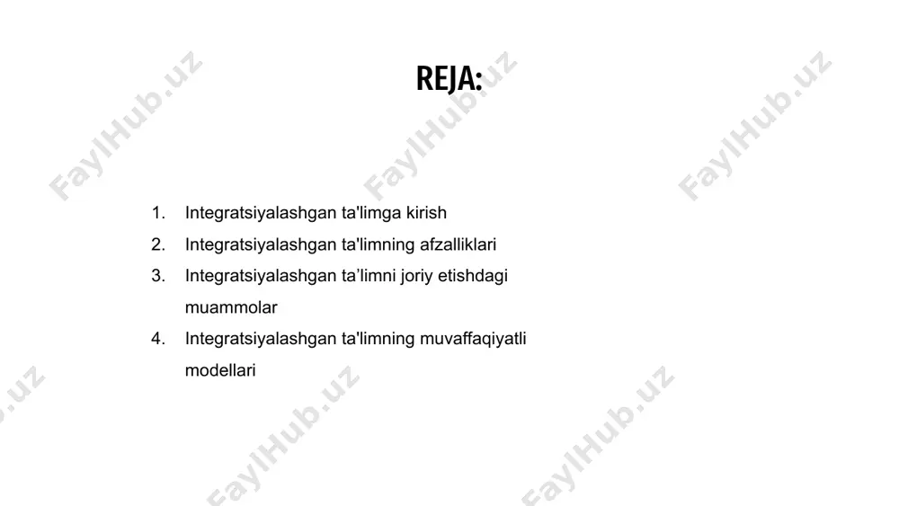 dasturlari uyg'unligi va o'qituvchilarning malakasini oshirish kabi bir qator muammolarni keltirib chiqaradi. 01 to'siqlardan biri - integratsiyalashgan yondashuvga o'tayotgan maktablar uchun resurslar va yordamning etishmasligi. 03 yana bir qiyinchilik - muvaffaqiyatli amalga oshirilishini ta'minlash uchun o'qituvchilar, ma'murlar va jamoa a'zolari o'rtasida kuchli hamkorlik zarurati. 02 integratsiyalashgan ta'limning muvaffaqiyatli modellari integratsiyalashgan ta'lim turli kelib chiqishi va qobiliyatlari bo'lgan talabalarni birlashtirib, ta'lim muhitida inklyuzivlik va xilma-xillikni rag'batlantiradi. hamkorlik yondashuvi talabalar o'rtasida o'zaro tushunish va hurmatni rivojlantiradi. integratsiyalashgan ta'limning muvaffaqiyatli modellari o'quvchilarning turli ehtiyojlarini qondirish uchun individuallashtirilgan o'quv rejalari va qo'llab-quvvatlash xizmatlariga ustuvor ahamiyat beradi. ta'limni har bir talabaning kuchli va qiyinchiliklariga moslashtirgan holda, bu modellar barcha uchun akademik muvaffaqiyatni ta'minlaydi. integratsiyalashgan ta'lim orqali talabalar muloqot, jamoada ishlash va empatiya kabi muhim ko'nikmalarni rivojlantiradi va ularni globallashgan dunyoda muvaffaqiyatga tayyorlaydi. ushbu modellar har bir talaba rivojlanishi va o'z salohiyatini to'liq ro'yobga chiqarishi mumkin bo'lgan tarbiyalovchi va qo'llab-quvvatlovchi muhitni yaratadi. integratsiyalashgan ta'lim barcha o'quvchilarning …