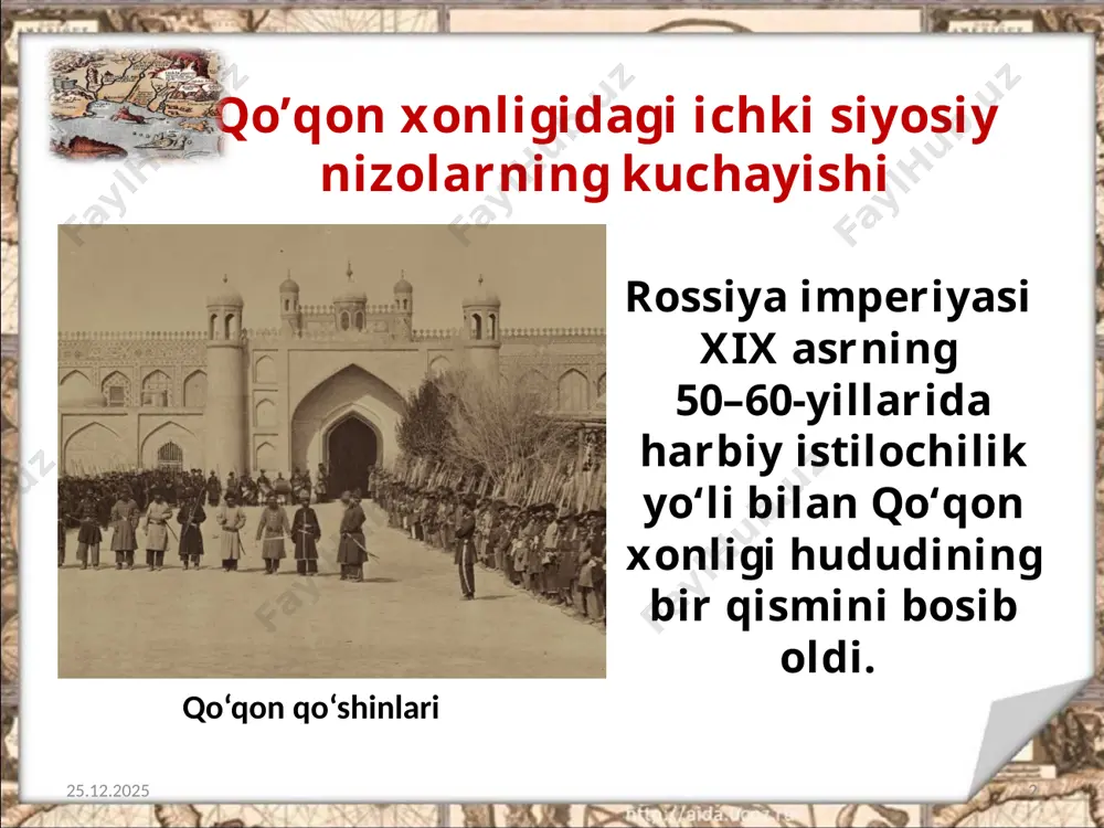 ida rossiya imperiyasining o‘rta osiyoda olib borgan istilochilik yurishlari natijasida qo‘qon xonligi buxoro va xiva davlatlaridan farqli ravishda davlat sifatida butunlay tugatildi. 20.08.2020 10 farg‘ona vodiysining bo‘ysundirilishi bilan rossiya imperiyasining o‘rta osiyoga istilochilik yurishining uchinchi bosqichi (1873-1879) nihoyasiga yetdi. 20.08.2020 11 bu yurishlar natijasida o‘rta osiyoning katta hududi bosib olinib, rossiya imperiyasining mustamlakasiga aylantirildi. turkmanlarning bo’ysundirilishi 20.08.2020 12 o‘rta osiyoni bosib olishning to‘rtinchi bosqichi amudaryo va kapettog‘oralig‘idagi qoraqum sarhadlaridagi turkmanlarga qarshi qaratildi. o‘rta osiyoni bosib olishning to‘rtinchi bosqichi amudaryo va kapettog‘ oralig‘idagi qoraqum sarhadlaridagi turkmanlarga qarshi qaratildi. 20.08.2020 13 1879-yil iyulda angliya afg‘oniston hududining bir qismini bosib olgandan so‘ng inglizlar uchun o‘rta osiyoga yo‘l ochildi. turkmanlarning asosiy qal’asi go‘ktepa bo‘ysundirilgach, 1881-yilda rossiya va eron o‘rtasidagi chegaralar belgilandi. 20.08.2020 14 shu yili sharqiy turkistonning ili o‘lkasidagi qo‘zg‘olon podsho hukumati qo‘shinlari tomonidan bostirilishi bilan rossiya va xitoy o‘rtasidagi chegaralar ham belgilandi. rossiya imperiyasining xix asr o‘rtalaridan boshlab amalga oshirilgan harbiy istilochilik yurishlari …