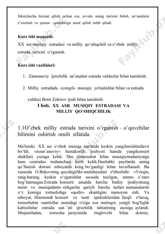 unchasifatida namoyon bolmoqda. shundan kelib chiqqan holda ushbu kesimdagi «estrada»ga oid «musiqiy estrada» tushunchasini qo‘llab, uning zaminida «jadal usul»ga asoslangan barcha sahnaviy musiqa janrlarining majmuini anglash maqsadga muvofiqdir. shunday qilib, «estrada» so‘zining lug‘aviy ma’nosidan kelib chiqqan holda, ya’ni uni keng ma’noda, umumiy «sahna san’ati» tushunchasi sifatida va tor ma’noda «musiqiy estrada», ya’ni maxsus tayyorgarligi bo‘lmagan. tinglovchi osongina tushuna oladigan (jo‘n), hordiq chiqarish maqsadlariga xizmat qiluvchi shaklan va mazmunan oddiy, tez esda qolarli kuy va, asosan,raqsbop usullar (zaminida ma’lum qadar «bit», ya’ni jadal usul)ni mujassam etgan musiqa namunalariga qo‘llash maqsadga muvoflqdir. nazarimizda, «musiqiy estrada» atamasini tor ma’noda qo‘ilash pirovardida «pop-myuzik» atamasi bilan teng ma’nolikka va mazkur andazada ijod etilgan asarlarni musiqiy soha darajasida tasniflash kabi qulaylikka erishiladi. ayni paytda atamalardagi bir-biri bilan uzviy bog’liq kesishuv va tafovutlar ham bartaraf etilishi mumkin.o’zbek musiqiy estradasi shakllanishi jarayonida fol’klor namunalari muhim zaniin bolganligini alohida ta’kidlash zarur. bunda qo‘shiq, lapar va ayniqsa sho‘x yallalarning raqsbopligi, …