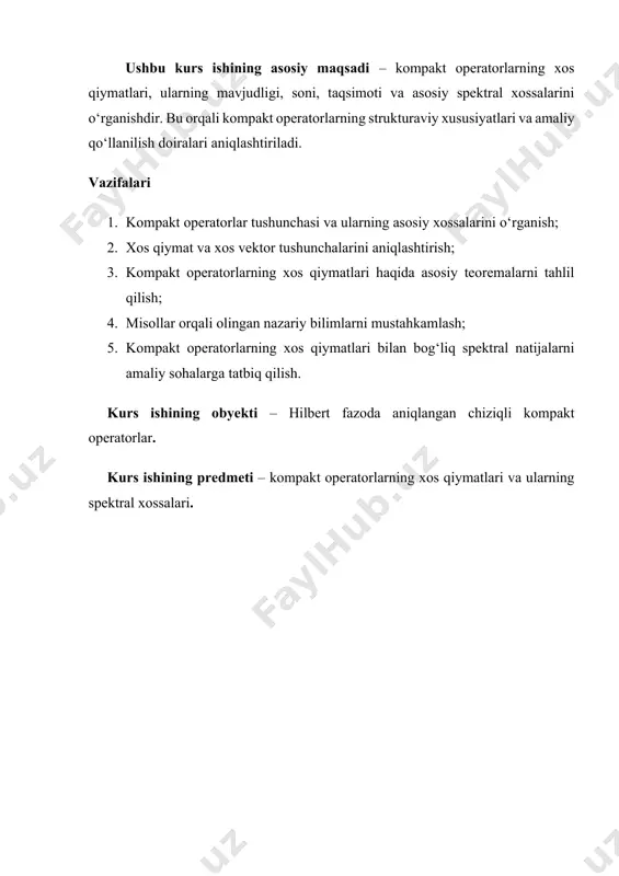 nksiyasi bo‘lsa, t – kompakt operator bo‘ladi. kompakt operatorlarning spektri spektr σ(t) – bu operatorning teskari bo‘lmaydigan qiymatlar to‘plami. kompakt operatorlar uchun spektr quyidagi xossalarga ega: · nol har doim spektrga tegishli. · nol bo‘lmagan spektr elementlari faqat xos qiymatlar bo‘lishi mumkin. · spektrda yig‘ilish nuqtasi faqat nol bo‘lishi mumkin. · nol bo‘lmagan xos qiymatlar faqat cheklangan sonli ko‘plikda bo‘ladi yoki nolga yaqinlashuvchi sonlar ketma-ketligidan iborat. kompakt operatorlarning yadro va obraz to‘plamlari agar t – hilbert fazoda kompakt operator bo‘lsa: · ker(t)– ya’ni, yadro – yopiq pasto‘lam bo‘ladi. · im(t)– ya’ni, obraz – ko‘p hollarda noto‘liq, ammo zich bo‘lgan to‘plamdir. kompakt operatorlar va ketma-ket yaqinlashuv agar operatorlar ketma-ketligi tn→t (normada) va har bir tn kompakt bo‘lsa, u holda limit t ham kompakt bo‘ladi. bu xossa sonli metodlarda – masalan, integral operatorlarni taqribiy yechishda qo‘llaniladi. kompakt operatorlar va qo‘shma operatorlar kompakt operator t ning qo‘shma operatori t* ham kompakt operator bo‘ladi. …