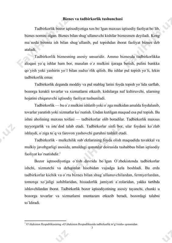 ovarlar va xizmatlarni muntazam etkazib beradi, bozordagi talabni to`ldiradi. biznes va tadbirkorlik tamoyillari tadbirkorlikning asosiy tamoyillari bor 1-mulk sohibi bo`lish. tadbirkorlar resurslar yoki mahsulotlarning egasi bo`lishi kerak. ular o`z mulkiga tayanib yoki o`zga mulkini ijaraga olib ishlaydi. 2.foyda olishga intilish. tadbirkorning boyishdan iborat iqtisodiy maifaati bo`lib, unga foyda olish orqali erishiladi. 3)iqtisodiy erkinlik. tadbirkor bozorga qarab nimani, qancha, qanday texnologiyada ishlab chiqarishni, yaratilgan tovarni kimga, qachon va necha pulga sotishni, qaysi bank bilan aloqa qilishni, o`ziga sherik topishni, xullas, har qanday iqtisodiy faoliyatni hech bir toifasiz, o`z bilganicha amalga oshiradi. 4. iqtisodiy mas`uliyat. tadbirkor mas`uliyatni o`z zimmasiga olib,ko`rgan foyda-zarariga o`zi javob beradi. 5. iqtisodiy tavakkalchilik. tadbirkor tavakkal qilib, «yo ustidan, yo ostidan» degan qabilida ish tutadi, iqtisodiy xavf-xatarni zimmasiga olib, chuv tushib qolishdan qo`rqmaydi. 6. qonun-qoidalarga rioya qilish. tadbirkor sa`y-harakatlarining o`z qoidalari bor, ularga itoat qilish ham farz ham qarz hisoblanadi. 7. raqobat kurashida qatnashish. tadbirkor har doim boshqalar bilan …