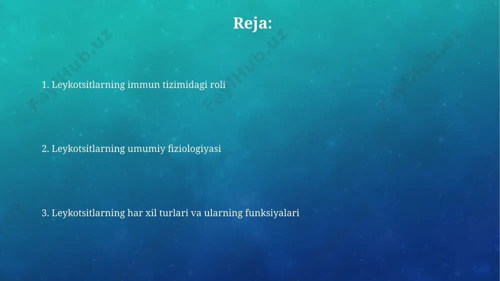 hi hujayralar (th1 va th2), yallig'lanish reaksiyasini boshqaruvchi 20 dan ortiq turdagi sitokinlarni, jumladan, ifn-γ, il-4 va tnf-α ni ishlab chiqaradilar. neytrofillar, yallig'lanishning erta bosqichlarida faol bo'lib, kamida 5 xil sitokinni, shu jumladan, il-1β va il-8 ni chiqarish orqali yallig'lanishni kuchaytiradi va boshqa immun hujayralarini jalb qiladi. granulositlar: eozinofillar eozinofillar yallig'lanish reaksiyalarida muhim rol o'ynaydi va ularning soni allergik reaksiyalar yoki parazit infektsiyalarida 1000 kub mm qonga 500 dan oshib ketishi mumkin. eozinofillar degranulyatsiya orqali gistamin va major bazik proteinni chiqarib, allergik va parazitar reaksiyalarda yallig'lanishni modulyatsiya qiladi va to'qima shikastlanishini cheklashda ishtirok etadi. leykotsitlarning umumiy tavsifi beshta asosiy leykotsit turi mavjud: neytrofillar, eozinofillar, bazofillar, limfotsitlar va monotsitlar, har biri o'ziga xos funktsiyalarga ega. leykotsitlar qonning tarkibiy qismi bo'lib, ularning soni 4000 dan 11000 mm³ gacha o'zgaradi va organizmning infektsiyaga qarshi himoyasida muhim rol o'ynaydi. monotsitlarning differentsiatsiyasi: makrofaglar monotsitlar qon oqimida 1-3 kun saqlanib, to'qimalarga migratsiya qilib, ularning 80% dan …