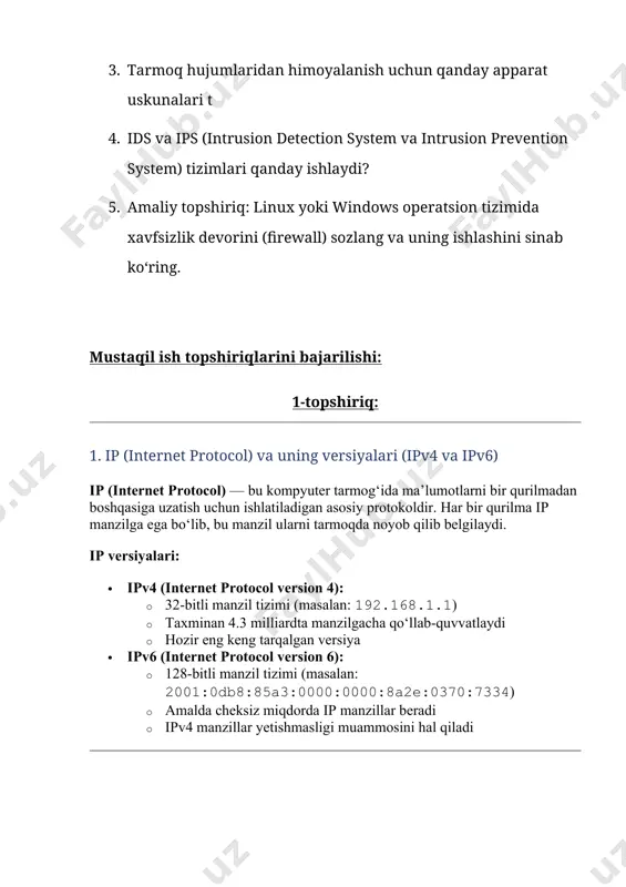 tocol bo‘lib, bir-biridan mustaqil tarmoqlar (autonomous systems — as) orasida marshrutlashni boshqaradi. ishlash prinsipi: · har bir as o‘zining ip prefikslarini bgp orqali boshqa as'ga e’lon qiladi. · bgp eng yaxshi yo‘lni policy-based decision orqali tanlaydi (masalan: as soni, prefiks uzunligi, va hokazo). · tcp port 179 orqali ishlaydi. asosiy vazifalari: · global internet marshrutlashni boshqarish · tarmoq siyosatini (routing policy) qo‘llash · yo‘llarni optimallashtirish va zaxira yo‘llarni ta'minlash 3. eigrp (enhanced interior gateway routing protocol) afzalliklari va kamchiliklari afzalliklari: · tez konvergentsiya: tarmoq o‘zgarishlariga tez moslashadi · qo‘shma marshrutlash (hybrid): distance vector va link-state protokollarining kombinatsiyasi · qo‘shimcha metrikalar: bandwidth, delay, reliability, load hisobga olinadi · zaxira yo‘llar: dual algoritmi yordamida avtomatik zaxira yo‘l tanlash kamchiliklari: · faqat cisco qurilmalarida to‘liq qo‘llab-quvvatlanadi (standartlashgan versiyasi mavjud, lekin kam ishlatiladi) · murakkab sozlash va diagnostika 4. ad-hoc tarmoqlarda marshrutlash qanday amalga oshiriladi? ad-hoc tarmoqlar — markaziy marshrutizatorsiz, dinamik tuzilgan, simsiz tarmoqlar …
