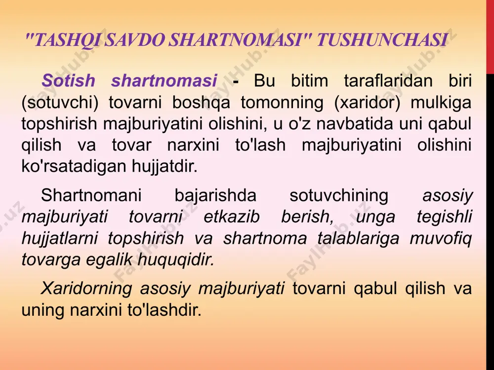da aks ettirilgan harakat turini belgilaydi. mahalliy tovarlarni chet elga etkazib berish (eksport), belarus respublikasiga xorijiy tovarlarni etkazib berish (import). shartnoma ob'ekti tovarlar, mahsulotlar, shuningdek, sotilganda mahsulot shaklini oladigan ishlab chiqarish va ilmiy-texnikaviy hamkorlik natijasidir. o’zbekisgon respublikasining konstitutsiyasiga ko’ra, har kim o’z qobiliyatiga ko’ra mehnat qilishi uchun ish beruvchi bilan mehnat shartnomasini tuzish holda u eki bu faoliyat gurihini erkin tanlash huquqiga ega ekanligi belgilangan. mehnat shartnomasi, mehat kodeksiga asosan, xodim bilan ish beruvchi o’rtasida muayyan mutaxassislik, malaka, lavozim bo’yicha ishni ichki mehnat tartibiga bo’ysungan holda taraflar kelishuvi, shuningdek, mehnat to’g’risidagi qonunlar va boshqa normatnv hujjatlar, jumladan jamoa shartnomalari va kelishuvlari bilan belgilangan shartlar asosida haq evaziga bajarish haqidagi kelishuvdir. mehnat shartnomasining mazmunini taraflarning huquq va burchlarini belgilovchi shartlar tashkil qiladi. bu shartlar taraflarning bevosita kelishuvi, shuningdek, mehnat to’g’risidagi qonunlar bilan belgilanadi. mexnat kodeksiga ko’ra mehnat shartnomasi quyidagi muddatlarga tuziladi: 1) nomuayyan muddatga; 2) besh yildan ortiq bo’lmagan muayyan muddatga; …