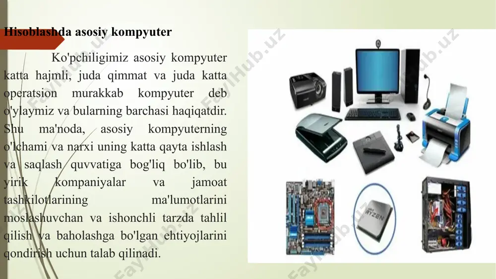 ma'lumotlarni nosozliklarsiz va maksimal mustahkamlik bilan ishlov berish qobiliyatiga ega bo'lgan operatsion tizimni talab qiladi. shu ma'noda shuni ta'kidlash kerakki, har bir ishlab chiqaruvchi o'z kompyuterlarini xususiy operatsion tizim bilan ta'minlaydi. e’tiboringiz uchun rahmat image1.png image2.jpeg image3.jpeg image4.jpeg image5.jpeg image6.jpeg image7.jpeg image8.jpeg image9.jpeg image10.jpeg image11.png image12.jpeg /docprops/thumbnail.jpeg