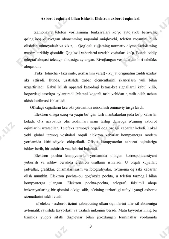 iradi (tasvir analizi);  ularni aloka kanallari orkali nuktalardan kimirlaydigan rasmga teskari aylantirish (tasvir sintezi) amalga oshiriladigan kabul kilish punktiga uzatiladi. bu nazariya xx asr oxirida portugaliyalik olim a. di. payva va rus olimi p. n. bexmetvev tomonidan ishlab chikilgan. amaliy karorlarni ishlab chikish va foydalanishni boshlash v. k. zvorkin va f. fransuorti (aksh) bilan boglik. televideniye orkali siyosiy, madaniy, ilmiy, ijtimoiy, iktisodiy axborotlar beriladi. televideniyening keyingi boskichi rakamli televizion texnologiyalar asosidagi interaktiv televideniyedir. “telematn” axborot tizimi. “telematn” axborot tizimi foydalanuvchilarning kup guruxlari uchun doimo kizikarli bulgan dolzarb axborotni uzatish uchun yaratilgandir. “telematn” - bu gazeta, jurnal, agentlik xizmatlaridan olingan matn varaklarini uzluksiz utkazib beradigan “elektron gazeta” yoki “elektron byulleten”. bu tizimning xususiyatlari:  axborot varaklarini uzluksiz va ketma - ket ravishda utkazuvchi stansiya tomonidan tuplanadi, efirga oddiy televizor signallari bilan yoki kabel orkali uzatiladi;  “telematn” axboroti uzluksiz yangilanib boriladi;  kerakli axborotning varagini belgilash uchun televizorga kushimcha kurilma …