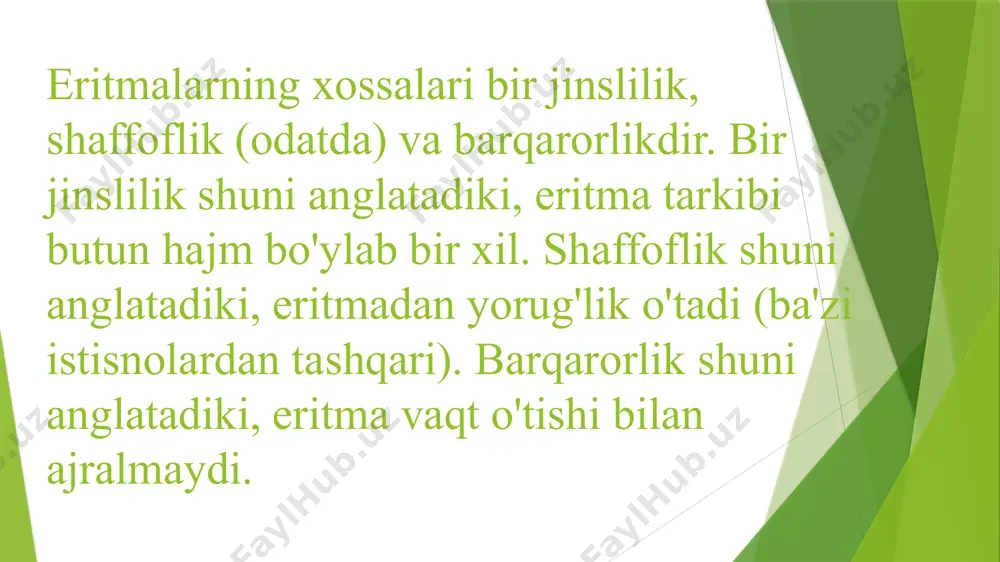 liqni saqlashga yordam beradi. eritmalarning amaliy ahamiyati tibbiyot infuzion eritmalar, dezinfektsiyalovchi vositalar (masalan, fiziologik eritma). qishloq xo'jaligi o'g'it eritmalari, pestitsidlar (masalan, o'simliklarni oziqlantirish). sanoat kimyoviy reaksiyalar, tozalash vositalari (masalan, kimyoviy ishlab chiqarish). atrof-muhit suv namunalarini tahlil qilish (masalan, suvning ifloslanishini aniqlash). eritmalarning amaliy ahamiyati juda keng. ular tibbiyotda, qishloq xo'jaligida, sanoatda va atrof-muhitda muhim rol o'ynaydi. eritmalar turli sohalarda muvaffaqiyatli faoliyat yuritish uchun zarurdir. eritmalar bizning hayotimizda muhim o'rin tutadi. xulosa eritmalar kimyoning muhim qismi eritmalar kimyoning asosiy tushunchalaridan biri. turli konsentrasiyali eritmalarni tayyorlash usullarini o'rgandik molyar, normal, massa ulushli, mol ulushli eritmalarni tayyorlash. xavfsizlik qoidalariga rioya qilish muhim laboratoriyada xavfsizlik choralari. eritmalarning amaliy ahamiyati juda keng tibbiyot, qishloq xo'jaligi, sanoat, atrof-muhit. etiboringiz uchun rahmat /docprops/thumbnail.jpeg