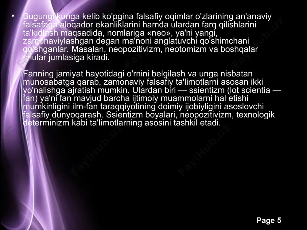 iyalari shakllandi. ularga ko'ra, jamiyat tarixi — o'ziga xos madaniyatlarning birligi emas, xilma-xilligidan iborat page * shu ma'noda u organik tabiatdagi hayot shakllarining rang-barangligiga qiyoslanadi. demak, tabiat qanday xilma-xillikning birligi bo'lsa, jamiyat ham ana shunday rang-baranglikning uybunligidir. jamiyatda ham hamma va har bir narsaning o'z o'rni bor. page * yangi davr falsafasida tarqalgan ana shunday oqimlardan biri marksizm bo'lib, uning asoschisi nemis iqtisodchisi va faylasufi k. marksdir (1818 — 1883). uning ijtimoiy falsafasi kapitalizmda sinfiy kurashning mutlaq antogonizm darajasiga ko'tarilishi, oxir-oqibat proletariat diktaturasining o'rnatilishi va shu yo'l bilan sinfsiz jamiyatga o'tishni tarbib qiladigan va real hayotni aks ettirmaydigan nazariyadir