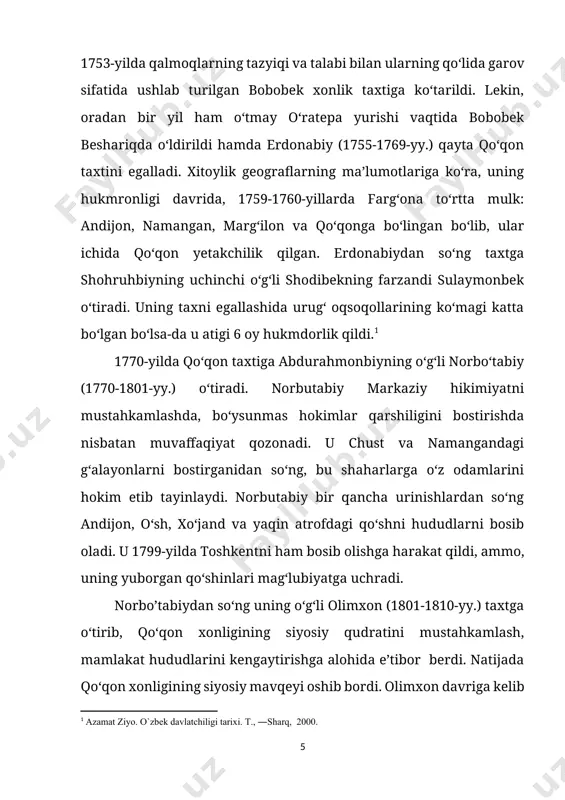 ketgan fitnachilarga olimxonning ukasi umarbek boshchilik qilgan. natijada, 1810-yilda olimxon toshkentdan qo‘qonga qaytayotganda, oltiqush mavzesida o‘g‘li shohruhbek bilan birga qambar mirza tomonidan otib o‘ldiriladi. manbalarga ko‘ra, umarxon (1810-1822-yy.) hukmdorligi davrida yirik yer egalari, harbiy sarkardalar va ruhoniylarning mavqeyi yanada oshadi. u davlat boshqaruvi ishlarida izchil tartib, qonun – qoidalar o‘rnatdi va diniy ishlarni tartibga soldi. natijada, 1818-yilda umarxon ruhoniylarnng roziligi bilan “amir al-muslimin” unvonini olib ham diniy, ham dunyoviy hokimiyatga ega bo‘ladi. muhammad hakimxon ma’lumotlariga ko‘ra, umarxon davrida amir temur va sulton husayn boyqaro zamoniga taqlidan unvon va lavozimlar joriy etilib, ularga hokimiyatga yaqin shaxslar tayinlanadi. shuningdek, olimxon zulmidan qochib ketgan ayrim amaldorlar umarxon xizmatiga qaytib kelib, lavozimlarni egallaydilar. qo‘qon xonligining o‘rta osiyo mintaqasidagi siyosiy jarayonlar va o‘zaro munosabatlarga faol aralashuvi ham umarxon davridan boshlanadi. o‘z darvida umarxonning elchilari xiva, xitoy va turkiya davlatlariga jo‘natilganligi ma’lum.n.petrovskiy umarxon hukmronligi davri haqida quyidagi ma’lumotlarni beradi: “umarning xonligi ham oldingi xonlarnikidek davom etdi, …