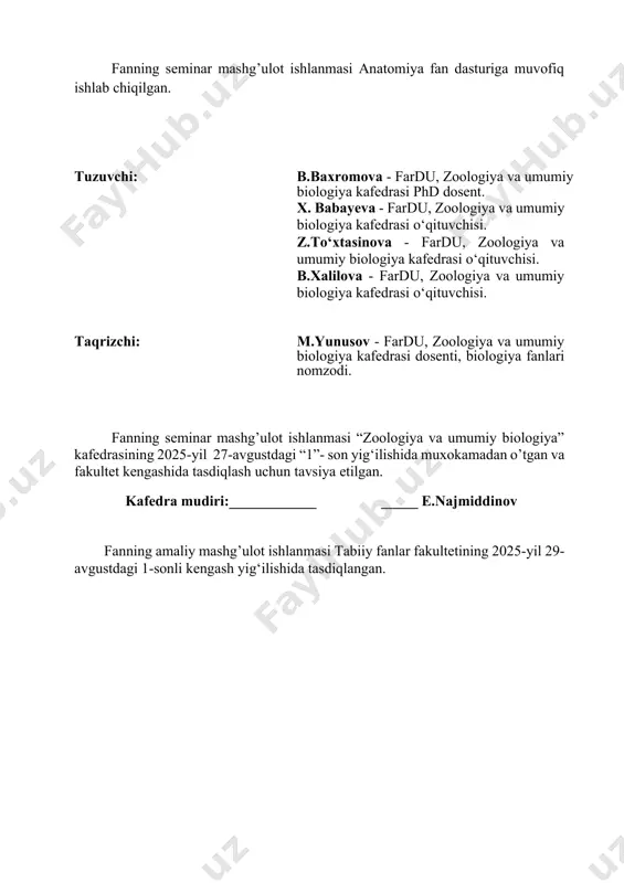 n aylanish doiralari. 2 s11 venoz tizimi, limfa tizimi 2 s12 bosh miyaning tuzilishi. 2 s13 bosh miya nervlari. 2 s14 orqa miyaning tuzilishi 2 s15 vegetativ nerv tizimi. analizatorlar. 2 № 1 mashg’ulot: umurtqa pog’onasining tuzilishi. ko’krak qafasi suyaklari. ishdan maqsad: tana satxlari. anatomik atamalarni o’rganish. umurtqa pog‘onasining tuzilishini o‘rganish. nazariy tushuncha: umurtqa pog’onasi bir-birining ustida joylashgan alohida umurtqalar yig‘indisidan tashkil topgan bo‘lib, bular bo‘yin umurtqalari - 7, ko‘krak umurtqalari - 12, bel umurtqalari - 5, dumg‘aza umurtqalari - 5, va dum umurtqalari – 4-5. voyaga yetgan odamda dumg‘aza va dum umurtqalari birlashib, alohida dumg‘aza va dum suyagini hosil qiladi. umurtqa pog‘onasining o‘rtacha uzunligi erkaklarda 73-75 sm, ayollarda esa - 69-71 sm gacha bo‘ladi. har qaysi ayrim umurtqada old tomonda joylashgan tana va orqa tomondagi ravog‘i farqlanadi. ravog‘ umurtqa tanasiga ikkita oyoqchasi orqali birlashib, umurtqa teshigini hosil qiladi, hamma umurtqalarning teshiklari qo‘shilishi natijasida umurtqa kanalini hosil bo‘ladi. umurtqa kanalining …