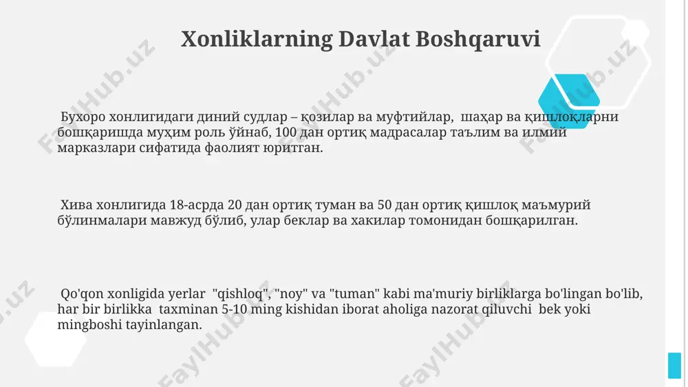 олиғи муҳим даромад манбаига айланиб, марғилон ва андижон каби шаҳарларга катта даромад келтирган. хива хонатида 18-асрда солиқ йиғими асосан деҳқонлардан ер солиғи (ўндан бири) ва ҳунармандлардан ҳунармандчилик солиғи шаклида йиғилиб, давлат хазинасига – “бой”га тушган. e'tiboringiz uchun rahmat @taqdimot_robot