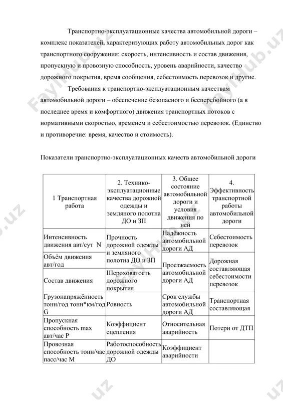 йкость дорожного покрытия мм/год обеспеченность видимости на автомобильной дороге ад -расчётная -конструктивная -мгновенная -среднего сообщения -техническая -расчётная (при организации) -оптимальная -нормируемая (в т. ч. расчётная) время сообщения удельное время сообщения 1 группа: показатели транспортно-эксплуатационных качеств, характеризующие транспортную работу автомобильной дороги интенсивность движения (n) [авт/час; авт/сутки] – количество автомобилей, проходящих через некоторое сечение автомобильной дороги за единицу времени (час, сутки). изменяется во времени в течение часа, суток, недели, месяца, года. в зависимости от интенсивности движения устанавливается категория автомобильной дороги, принимаются сроки выполнения ремонта дороги, мероприятия по организации движения. объём движения [авт/месяц; авт/год] – суммарное количество автомобилей, прошедшее через данный участок дороги за определённый период времени. состав движения – распределение в процентном отношении всего транспортного потока по видам транспортных средств: легковые автомобили, автобусы, грузовые автомобили (лёгкие, средние, тяжёлые). все из перечисленных видов автомобилей приводятся к расчётному посредством коэффициента приведения. грузонапряжённость автомобильной дороги (g) -брутто [тонн/год; тонн/сутки] – суммарная масса грузов и транспортных …