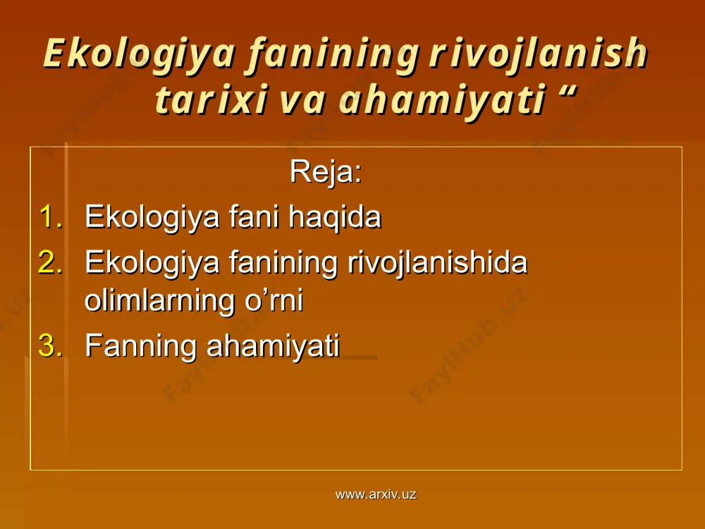 беради. ж. ламарк (1744-1829) ташки мухитни хайвон ва усимликларнинг эволюциясига таъсирини курсатди. рус табиатшуносларидан п.с.паллас (1741-1811), и.и.лепехин (1740-1802) асарларида хам усимлик, хайвон организмига ташки мухитни таъсири келтирилган. www.arxiv.uz www.arxiv.uz www.arxiv.uz www.arxiv.uz www.arxiv.uz www.arxiv.uz www.arxiv.uz www.arxiv.uz урта осиёлик ибн сино, а. беруний, у.хайём рисолаларида, бобурнинг "бобурнома" асарларида экологик тушунчалар куп учрайди. х1х асрда биология фанларини дифференцияси давом этди. экология фанининг асосчиларидан бири мду профессори к.ф.рулье (1814-1858) хисобланади. у хайвонлар экологияси буйича 160 та илмий иш ёзиб, унда табиатдаги хар бир тирик организмни ривожланиши ташки мухит таъсири остида утиши баён этилган. рульени шогирди н.а.северцов (1827-1885) 1855 йилда "периодические явления в жизни зверей, птиц в воронежской губерни" номли магистрлик диссертацияси www.arxiv.uz www.arxiv.uz www.arxiv.uz www.arxiv.uz www.arxiv.uz www.arxiv.uz 1950 йилда кайта чоп этилиб, уни кириш кисмида "китобда дунё буйича биринчи маротаба зоологияда чукур экологик тадкикот утказилганлиги, кайсики узок йиллар давомида тенги йук, хозир хам бу асар уз ахамиятини йукотмаганлиги битилган". 1859 йилда ч.дарвинни (1809-1882) "турларнинг …