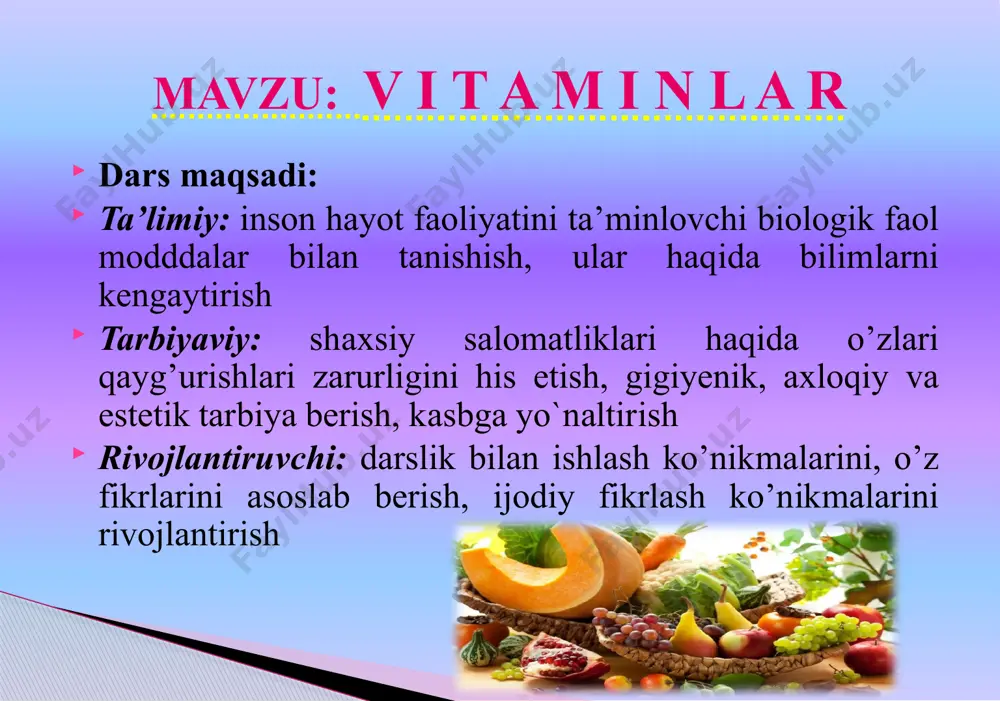 shtirish va ish faoliyatiga tadbiq qilish, ijodiy izlanish, ta’lim sifatini va o’quvchilar faolligini oshirish. № dars taqsimlanishi berilgan vaqt 1. tashkiliy qism. 3 daqiqa 2. o`tilgan mavzuni mustahkamlash. 10 daqiqa 3. yangi mavzu bayoni. 18 daqiqa 4. yangi mavzuni mustahkamlash. 9 daqiqa 5. o`quvchilarni baholash. 3 daqiqa dars bosqichlari: 6. uyga vazifa berish. 2 daqiqa darsning borishi: tashkiliy qism salomlashish, davomat,darsliklarni va o`quvchilar tayyorgarligini nazorat qilish 2. o`tilgan mavzuni mustahkamlash test savollari: 1. oddiy kimyoviy moddalardan murakkab kimyoviy moddalar hosil bo`lisi a.oqsil almashinuvi b.assimilyatsiya c.dissimiyatsiya d.moddalar almashinuvi 2. oqsillarning kislorod ishtirikida oksidlanishi qanday funksiya hisoblanadi a.plastik b.himoya c.energetik d.transport 3. sifatli oqsilga boy mahsulotlar a.guruch, bug`doy, tuxum b.dukkakli o`simliklar, sut mahsuloti c.go`sht tuxum sut d.kartoshka ,bug`doy ,baliq 4. bir gramm yog` parchalansa qancha energiya ajraladi? a.9,3kj b.9,3k kal c.9,3% d.4,1 k kal 5. uglevodlar miqdori qaysi mahsulotlarda ko`p bo`ladi? a. kartoshka,go`sht,sut b. mevalar,poliz elinlari c.makka jo`xori va shirinlik d.barchasida. 6. …