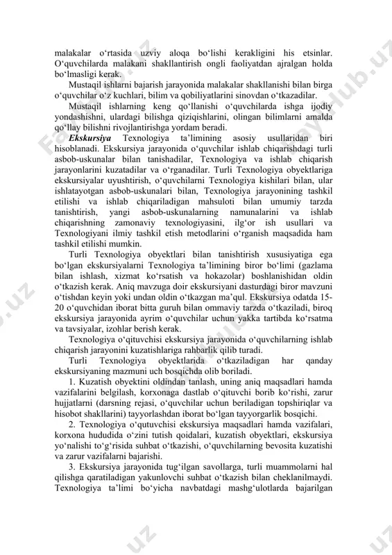 vchilarda bo‘lajak amaliy ishni ongli rejalashtirish malaka va ko‘nikmalarini shakllantirishda vosita xizmatini o‘tashi, egallangan bilimlarni amalda qo‘llash malakalarini singdirishga yordam berishi kerak. mashqlar bilim va ko‘nikmalarni mustahkamlash maqsadida o‘tkaziladi. o‘qituvchi ko‘nikma va malakalarni mastahkamlash maqsadida o‘quvchilarga turli mashqlar beradi, bunda u ijodiy xarakterdagi ishlarni tashkil etib, ko‘proq mustaqillik talab etuvchi mashqlarni nazarda tutadi. bu metodning mohiyati borgan sari murakkablashib boruvchi usul va harakatlarning ongli hamda ko‘p marta takrorlanishidir. mashqlar ommaviy va yakka tartibda bo‘ladi, ya’ni butun guruhda bir xil ishni va barcha o‘quvchilar turli ishlarni bajarishlari mumkin. mashqlarning xarakterli xususiyati ayni bir harakatning takrorlanishi bo‘lgani uchun o‘quvchilarda bajarilayotgan ishga nisbatan qiziqishini saqlash talab etiladi. mashqlar yakunida ishlarni tahlil qilish, eng yaxshi ishlarning tahliliga tayanib, kim qanday natijalarga erishganligini ko‘rsatish lozim. ayni bir vaqtda kamchiliklar ustida ham to‘xtash va ishning sifatini yaxshilash yoki bajarish tezligini oshirish uchun nimalar qilish kerakligini tushuntirish lozim. amaliy ishlar. bu usul o‘quvchilarga egallangan bilimlarini amalda qo‘llashni …