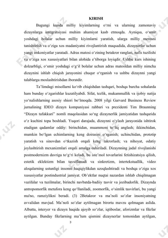 viy kiyimga zamonaviy uslublarni qo‘shish, o‘smirning modaga bo‘lgan talablarini qondirish. materialning sifatiga e'tibor: adras matosi o‘zining yengilligi va havo o‘tkazuvchanligi bilan ajralib turadi, bu esa o‘smirlarning salomatligiga foydalidir. o‘smir yoshli o‘g‘il bolalar uchun milliy adras matosidan tayyorlangan nimcha modeli ularning ehtiyojlarini qondirish, estetik ko‘rinishi va qulayligini birlashtirgan holda yaratilishi lozim. bunda milliy an'analarni saqlash, yosh o‘smirlarning shaxsiyatini ifodalash va zamonaviy dizayn talablarini hisobga olish muhim. 3.material tanlash va asoslash adras matosidan o‘smir yoshli o‘g‘il bolalar uchun milliy nimcha yaratishda materialning tanlovi katta ahamiyatga ega. bu kiyim faqat estetik jihatdan go‘zal bo‘lishi kerak emas, balki uning qulayligi, chidamliligi va foydalanuvchining ehtiyojlariga mosligi ham muhimdir. quyida adras matosidan nimcha yaratishda material tanlashda e'tibor berilishi lozim bo‘lgan ba'zi jihatlar keltirilgan. 1. adras matosining xususiyatlari adras - o‘zbek xalqining milliy matosidir va o‘ziga xos rang-barang naqshlar bilan ajralib turadi. u iplarning to‘g‘ri va maxsus o‘tkazilishi orqali an'anaviy uslubda tayyorlanadi. adras matosining asosiy xususiyatlari quyidagilardan …