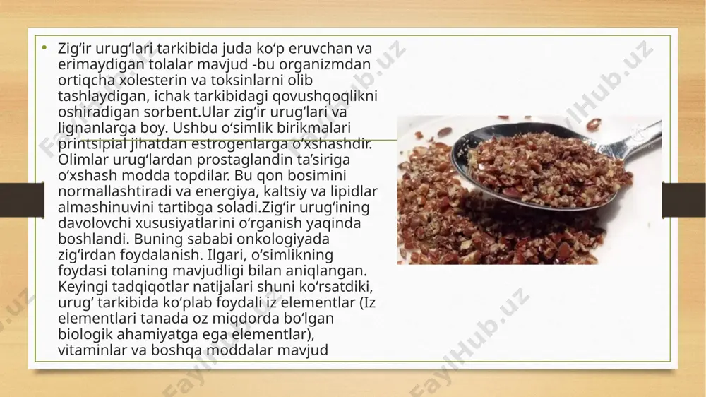 oldin chuqur ishlov berish kerak. zigir o‘simligi uchun tuproq 20-25 sm chuqurlikda yumshatilishi kerak. agar tuproq og‘ir (loyli) bo‘lsa, uni mayinlashtirish uchun qum yoki organik moddalardan foydalanish mumkin. tuproqni yengil va yaxshi havalanadigan qilish uchun aralashma (qum, organik o‘g‘itlar) qo‘shiladi. qishloq xo‘jaligi texnikasidan foydalanib, tuproqni g‘ishtli shaklga keltirish va uni yumshatish tavsiya etiladi. tuproqni o‘g‘itlash: tuproqni tayyorlashda o‘g‘itlashni unutmaslik kerak. asosiy o‘g‘itlar — azotli, fosforli va kaliyli o‘g‘itlar bo‘lib, ular hosilni va o‘simlikning rivojlanishini ta'minlaydi. odatda, azotli o‘g‘itlar ekishdan avval tuproqqa qo‘shiladi, fosfor va kaliy esa ekishdan keyin, sug‘orish jarayonida qo‘llanadi. hosilni yig‘ish zigirni yig‘ish o‘simlik doni to‘liq pishib, quriganidan keyin amalga oshiriladi. bu odatda sentabr-oktabr oylarida bo‘ladi. hosil yig‘ishda quyidagi qadamlar amalga oshiriladi: tayyorlik: o‘simlikni yig‘ishdan oldin, donning pishib yetilganini tekshirish kerak. donning rangi o‘zgarishi, to‘liq pishishi va poyaning quruqligi bu holatning belgisi hisoblanadi. yig‘ish va saqlash: hosil yig‘ilgach, makkajo‘xori donlari tezda quritilib, saqlash uchun maxsus omborlarda saqlanadi. zigir …