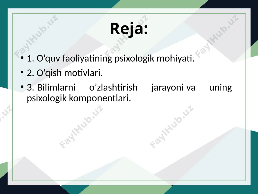 gan faoliyat bo’lib, u o’quvchilarning o’quv faoliyatlarini tashkil etadi va ularni boshqaradi. ta'lim jarayoni besh elementdan iborat: 1. ta'limning maqsadi - nima uchun o’qitish kerak? 2. ta'limning mazmuni - nimaga o’qitish kerak? 3. ta'limning metodlari, usullari va pedagogik muloqot yo’llari. 4. ta'lim beruvchi. 5. o’quvchi. ta'lim jarayonini tashkil etish: ideal va amaliy faoliyatning u yoki bu turini muvaffaqiyatli tashkil etish uchun zarur bo’lgan tashqi olamning muhim ahamiyatli xossalari xususidagi axborotning o’zlashtirilishi: faoliyatning ana shu barcha turlari tarkib topgan usullari va jarayonlarining o’zlashtirilishiga; maqsadga muvofiq keladigan usullar va jarayonlarni to’g’ri tanlash va foydalanishga bog’liq. ta'lim jarayonining muvaffaqiyati: 1. motivasiya. 2. ma'lumot usullari. 3. ma'lumotning tushunarliligi. 4. xotira. 5. ma'lumotni qo’llash. ta'lim va ta'lim jarayonida bolaning rivojlanishi muammosi yosh davrlari va pedagogik psixologiya fanining asosiy masalalaridan biridir. ta'lim va rivojlanish muammosiga doir qator nazariyalar ishlab chiqilgan bo’lib, ulardan biri: 1. aqliy xatti-xarakatlar, bilimlar, malaka va ko’nikmalarni bosqichma-bosqich rivojlantirish nazariyasi (p.ya.galperin). p.ya.gal'perin nazariyasi …