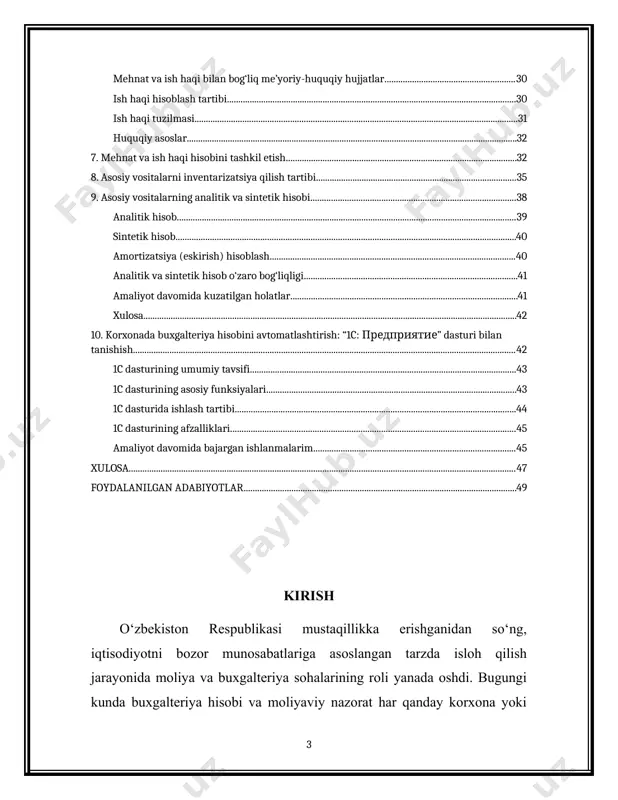 i amaldagi qonunchilik, davlat standartlari, “o‘zbekiston temir yo‘llari” ajning buyruq va yo‘riqnomalari asosida olib boradi. korxonaning asosiy yo‘nalishlari quyidagilardan iborat: · temiryo‘l aloqa va signalizatsiya tizimlarini texnik xizmat ko‘rsatish va ta’mirlash; · transport harakat xavfsizligini ta’minlash uchun avtomatik boshqaruv uskunalarini soz holatda saqlash; · ishlab chiqarish samaradorligini oshirish maqsadida zamonaviy texnologiyalarni joriy etish; · moliyaviy va buxgalteriya hisobotlarini yuritish, harajatlar tahlili asosida samaradorlikni baholash. amaliyot davomida men ushbu korxonaning tuzilmasi, faoliyat sohasi, bo‘limlararo aloqasi, ichki mehnat tartibi, moliyaviy intizomi va iqtisodiy samaradorligini ta’minlovchi tizimlar bilan tanishdim. xususan, korxonaning buxgalteriya bo‘limida faoliyat yuritib, ushbu bo‘limning asosiy vazifalari, ish yuritish tartibi, hisob-kitoblar tizimi, soliq va moliyaviy hisobotlar bilan ishlash jarayonlarini o‘rgandim. korxona tarkibi va asosiy bo‘limlar: “temiryo‘linfratuzilma” aj buxoro mtu signallashtirish va aloqa masofasi filialining tashkiliy tuzilmasi bir nechta muhim bo‘limlardan iborat. har bir bo‘lim o‘z vazifalari doirasida faoliyat yuritadi: · texnik xizmat ko‘rsatish bo‘limi (rele, avtomatika, kabel tarmog‘i); · aloqa tizimlari …