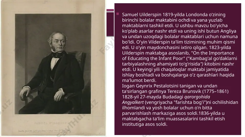 an, bu bilan u bolalarga bo‘lgan mehrini ifodalagan, pedagoglarni bolalarga voyaga yetishi va rivojlanishi uchun ko‘maklashishga da’vat etgan. frebelning bolalar bog’chalari shuningdek, vaqtincha oila o‘mini bosish va ota-onalarga tarbiya ishlariga yordamlashish uchun tashkil qilingan: onalar bilan bolalar birga kelishi, ular bilan o‘ynashi va bog’bon qizlardan o‘rganishi mumkin bo‘lgan. shu tarzda, f.frebelning katta xizmati bolalar bog’chasining ochilishi, shuningdek maktabgacha ta’lim uslubiyotining yaratilishi bo‘ldi. uning asosini bolalarga boigan cheksiz mehr tashkil qiladi. ushbu uslubiyotning asosiy jihatlarini sanab o‘taylik: o‘yin, nutqni rivojlantirish, jamoaviy tarbiya, mehr-muhabbat bilan o‘rab olish, jazolaming yo‘qligi va tarixda qolib ketgan «frebel tuhfalari». bolalar tarbiyasiga katta e’tibor qaratar ekan, frebel o‘yinlami o‘z uslubiyotining asosi deb bilgan, bular: ijodiy, harakatli, fantaziyali, taqlidli va h.z. o‘yinlar. shuni ta’kidlash kerakki, aynan frebel didaktik o‘yinlar tizimini yaratishga asos solgan. u didaktik o‘yinlar va turli tuman mashg’ulotlami o‘tkazish bo‘yicha uslubiy ko‘rsatmalami ishlab chiqqan. olim olib borgan ishlar unda shunday e’tiqodni shakllantirdiki, «bolalar o‘yini-bu turmush ko‘zgusi …
