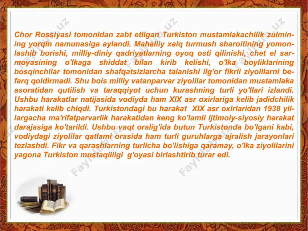 a'zam tomonidan yozilgan risola o'zbek tiliga o'girilib, jadidlar tomonidan omma orasida tarqatilgan edi. unda musulmon dinining g'arbda paydo bo'lgan sosializm, anarxizm va boshqa ta'limotlarga, umuman, ijtimoiy hayotga munosabati haqida fikr yuritilgan edi. o'lkada milliy matbuot yuzaga kelgunga qadar bog'chasaroyda chiquvchi «tarjumon», qozondan chiqadigan «vaqt», «yulduz» va boshqa gazeta va jurnallar turkiston jadidlari faoliyatida o'zining sezilarli ta'siriga ega edi. ushbu nashrlar orqali taraqqiyparvarlar dunyo xalqlarining milliy uyg'onish g'oyalari bilan tanishib borganlar. masalan, farg'onaning peshqadam taraqqiyparvarlaridan ishoqxon ibrat ham 1883-1885 yillarda qo'qonning tunqator madrasasida ta'lim olib yurgan paytlarida «tarjumon» gazetasi bilan muntazam ravishda tanishib borgan. adabiyotchi olim u. dolimovning bergan ma'lumotlariga ko'ra, ibrat tomonidan tashkil etilgan «ishoqiya» kutubxonasida «tarjumon» gazetasining hatto 1884 yilgi boylamlari ham bo'lgan. xulosa qilib aytganda, o'lkadagi ijtimoiy adolatsizlik, yerlilarni jaholat botqog'ida, qashshoqlikda qoldirishni o'z oldiga maqsad qilib qo'ygan chorizmning mustamlakachilik siyosati mahalliy xalq ilg'or fikrli ziyolilarining tabiiy ravishda noroziligini keltirib chiqarar edi. xulosa qilib aytganda, o'lkadagi ijtimoiy adolatsizlik, …