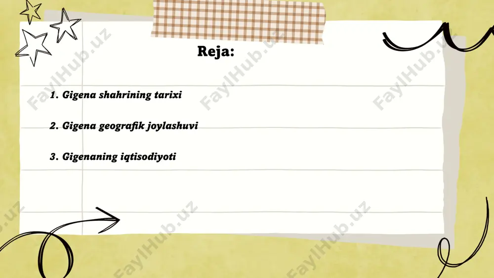 mahsulotlari bozorining o‘sish sur'ati yillik 12-15% ni tashkil etmoqda. aholining gigiena bo‘yicha xabardorligini oshirish, ayniqsa jamoat joylarida, kasalliklarning oldini olishda muhim rol o‘ynaydi va bu esa iqtisodiy samaradorlikni oshirishga yordam beradi. ... t.me/slaydai_bot 4. gigena madaniyati gigena madaniyati o‘zbekistonning janubiy hududlaridan biri bo‘lgan qashqadaryo viloyatida joylashgan qadimiy madaniy meros hisoblanadi. tarixiy manbalarga ko‘ra, bu hududda dastlabki aholi o‘rnashishi miloddan avvalgi v asrga to‘g‘ri keladi. bu davrda odamlar dehqonchilik va chorvachilik bilan shug‘ullanganlar. 19-asrning oxiri va 20-asrning boshlarida gigena hududida arxeologik qazuv ishlari olib borilib, 300 dan ortiq qadimiy ashyolar topilgan. bu topilmalar orasida keramika buyumlari, sopol idishlar va metal buyumlar ham mavjud. gigena madaniyati hududidagi eng mashhur arxeologik yodgorliklardan biri yaypan qishlog‘idandir. ... t.me/slaydai_bot gigenadagi asosiy san'at va adabiyot ko'plab xalqlar madaniyatidan ta'sirlangan. adabiyoti asosan xalq afsonalari, eposlar va qo'shiqlar asosida rivojlangan. gigenadagi san'at turli janrlarda namoyon bo'ladi, jumladan musiqa, raqs va tasviriy san'at. 19-asr oxiri va 20-asr boshlarida adabiyot …