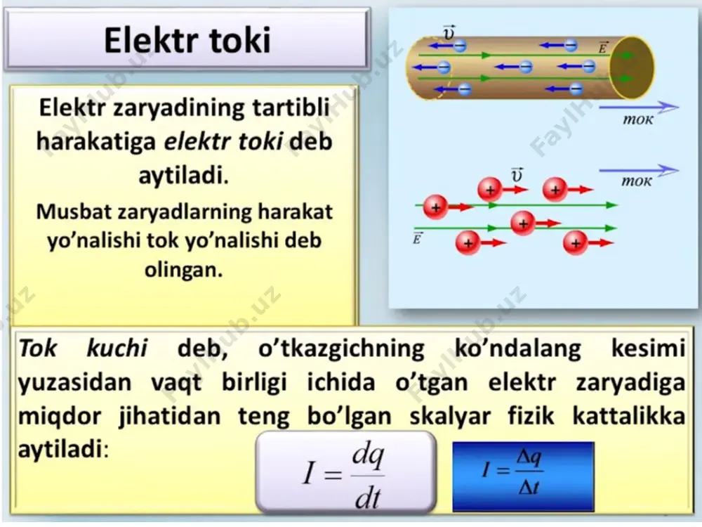 ktrolarning metall ionlari bilan to’qnashishi natijasida hosil bo’ladi. j d = u r u i = elektr yurituvchi kuch voltlarda o’lchanadi (v). tashqi elektr zanjiri bilan tutashtirilgan tok manbai qutblaridagi potensiallar ayirmasiga tok manbaining kuchlanishi deyiladi. (4) kuchlanish ham voltlarda o‘lchanadi. 1. qarshilik. 1826 yilda nemis olimi georg simon tajriba yo’li bilan quyidagi qonunni yaratdi. o’tkazgichdan o’tayotgan tok kuchi o’tkazgichga berilgan kuchlanishga to’g’ri proporsional bo’lib, o’tkazgichning qarshiligiga teskari proporsionaldir. (1) bu yerda r – o’tkazgichning qarshiligi bo’lib, u erkin elektrolarning metall ionlari bilan to’qnashishi natijasida hosil bo’ladi. _1727634191.unknown _1727634192.unknown tadqiqotlar shuni ko’rsatdiki, o’tkazgichning qarshiligi uning uzunligiga to’g’ri proporsional bo’lib, ko’ndalang kesimi yuzasiga esa teska ri proporsionaldir. s l r (2) bu yerda l – o’tkazgichning uzunligi, s – ko’ndalang kesimi yuzasi, ρ – proporsionallik koeffisienti bo’lib, unga o’ tkazgich moddasining solishtirma qarshiligi deyiladi. (6) dan ρ ni topamiz: l rs  (3) agar l=1m va s=1m 2 bo’lsa ρ = …