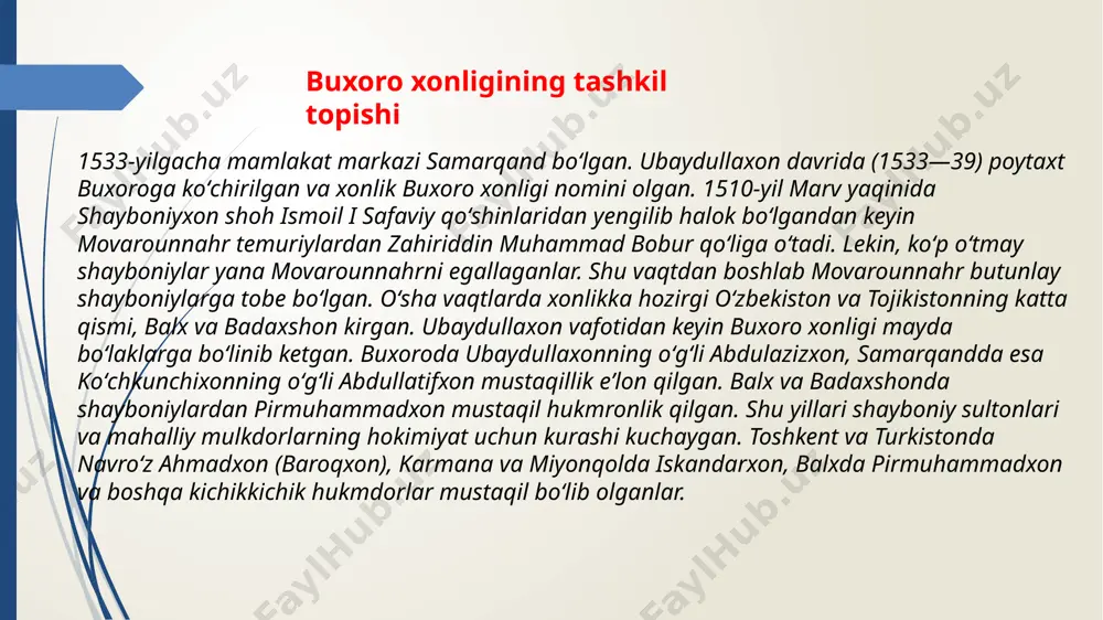 toʻrtta darvoza orqali kiriladi. hunarmandlar va savdogarlar yashaydigan qism dishan qalʼa deb nomlangan. u yerda doʻkonlar va savdo maydonchalari bor. dishan qal’aning uzunligi 6250 metr, 10 ta darvozasi bor. xiva xonligi shaharlari qoʻqon xonligi — oʻzbek xonliklaridan biri (1709-1876). poytaxti — qoʻqon. oʻzbeklarning minglar urugʻidan boʻlgan shohruxbiy 1709-yilda asos solgan. bu xonlik tarkibiga dastlab qoʻqon, namangan, margʻilon, konibodom, isfara va ularning atrofidagi qishloqlar kirgan. abdurahimbiy davrida buxoro xonligiga harbiy yurish qilinib, samarqand egallanadi (1732). abdulkarimbiy davrida (1746-yil) qalmoqlar fargʻona vodiysiga hujum qilib, oʻsh, andijon, margʻilon shaharlarini egallab, qoʻqonni qamal qilgan. qoʻqonliklarga yordamga kelgan oʻrtepa hokimi fozilbiy qoʻshinlari bilan birgalikda ularni fargʻona vodiysidan quvib chiqarishgan. norboʻtabiy davrida chust va namangan beklarining mustaqillik uchun koʻtargan gʻalayonlari bostirilgan. mamlakatda sugʻorish inshootlari barpo qilinadi, savdo va hunarmandchilik, qishloq xoʻjaligi birmuncha rivoj topadi va nisbatan arzonchilik boʻladi. qo’qon xonligining tashkil topishi. qo’qon xoni xudoyorxon qo’qon xonligi bayroq qo’qon xonligida asosan mavjud bulgan davri-1708-1876.y. sulola- minglar. …