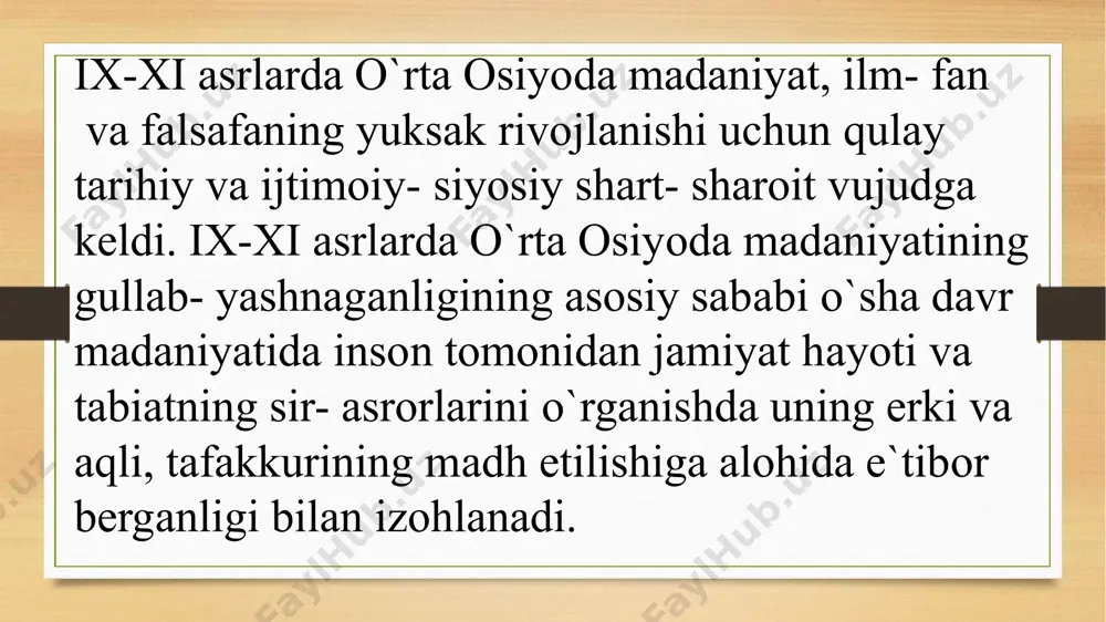 lari ham ahloqi bilan yakunlanadi". forobiy ta`limotida aqliy tarbiya bilan ahloqiy tarbiya masalasi uzviy bo`lanib ketgan. ahloqiy bo`lish aqllilikning muhim hislati, fazilatidir. forobiyning ahloqiy tarbiya haqida ta`limoti "ideal shahar aholisining fikrlari", "baht- saodatga erishuvi haqida", "aristotelning "etika" asariga sharhlar" kabi risolalarida bayon etilgan. inson yuksak kamolatga erishuv yo`lida harakat qilganidek, aqliy bilishga ham harakat qilsa, shubhasiz o`zi intilayotgan saodatga erishadi, deb ta`kidlash bilan mavhum inson timsolini yaratib uni tarbiya sohasida namuna qilib ko`rsatadi. bu inson jismonan barkamol barcha masalalarni tez tushuna oladigan, hotirasi kuchli, fikri ravon, bilimga, o`qishga muhabbat qo`ygan, haqiqatgo`y, vijdonli, adolatli kabi fazilatlari bilan boshqalardan ajralib turadi. abu rayhon muhammad ibn- ahmad al- beruniy (973-1048) qadimiy horazm shahri qiyotda tu`ilgan. beruniy buyuk qomusiy olim va faylasuf bo`lib, fanning turli sohalari bo`yicha 150 dan ortiq asarlar yozib qoldirgan. jumladan, "qadimgi halqlardan qolgan yodgorliklar", "hindiston", "mineralogiya", "geodeziya", "dorivor o`simliklar haqida kitob", "ma`sud qonuni", "astronomiya va yulduzlar to``risida", "er harakat qiladimi, …