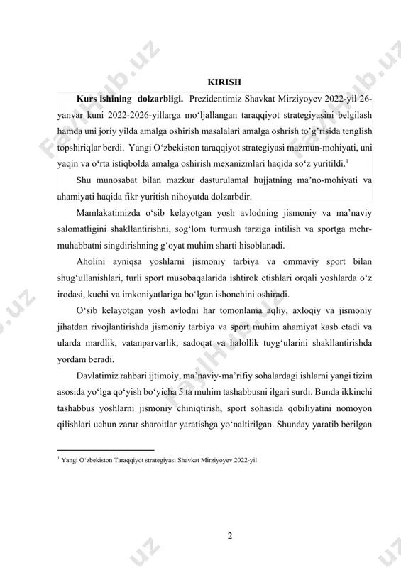 tarbiya va sport muhim ahamiyat kasb etadi va ularda mardlik, vatanparvarlik, sadoqat va halollik tuyg‘ularini shakllantirishda yordam beradi. davlatimiz rahbari ijtimoiy, ma’naviy-ma’rifiy sohalardagi ishlarni yangi tizim asosida yo‘lga qo‘yish bo‘yicha 5 ta muhim tashabbusni ilgari surdi. bunda ikkinchi tashabbus yoshlarni jismoniy chiniqtirish, sport sohasida qobiliyatini nomoyon qilishlari uchun zarur sharoitlar yaratishga yo‘naltirilgan. shunday yaratib berilgan imkoniyatlardan foydalanib, o‘quvchi yoshlarimizni qiziqishiga qarab sportning turli xil yo‘nalshlariga jalb qilib, ulardan yangi chempionlarni tayorlashimiz zarur. shu o‘rinda davlatimiz prezidenti shavkat mirziyoyev quyidagi fikrlarini misol qilib keltirmoqchiman “dunyoda qobilyatsiz bola bo‘lmaydi, biz ana shu qobiliyatni ko‘ra olishimiz, taxlil qilib yuksaltirishimiz va shu qatorda o‘quvchilarning qobiliyatidan kelib chiqqan holda biror bir kasbga yoki hunarga yo‘naltira olishimiz bizning eng asosiy vazifamizdir”. umumta`lim maktablari jismoniy tarbiya darslarini tashkil etish, o`quvchilarning jismoniy tarbiya va sportga oid nazariy-amaliy bilimlarini oshirish, endi o`sib kelayotgan yosh avlodda sog`lom turmush tarzini sharllantirish, jismoniy tarbiya darslarida ko’rgazmali qurollardan foydalanish hamda mashg’ulotlariga nisbatan ko`nikma …