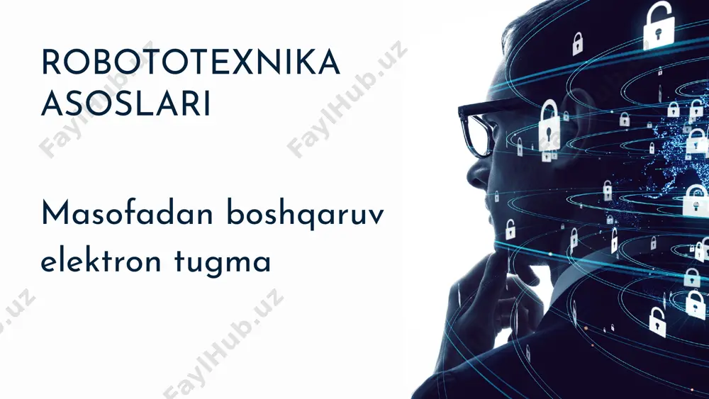 gi misollar: • xavfsizlik tizimi: elektron tugma orqali signal yuborilib, politsiya yoki xavfsizlik xodimlari chaqiriladi. • qo‘l yetmaydigan joylar: nogironlar yoki yotoqda yotgan bemorlar uchun signal tugmalari. • avtomatik darvozalar: tugma bosilishi bilan ochiladi/yopiladi. • maishiy texnika: televizor, konditsioner, suv isitgichlar zamonaviy rivojlanish yo‘nalishlari: • iot asosida boshqaruv: tugma signalini internet orqali yuborish (masalan, telefondagi ilova orqali). • ovozli boshqaruv: tugmasiz masofaviy buyruqlar (google assistant, alexa). • ai integratsiyasi: tugma faolligini analiz qilib, avtomatik javoblar yaratish. xulosa • elektron tugma — oddiy, ammo foydali yechim. • u hayotni avtomatlashtirish va qulaylashtirishda muhim rol o‘ynaydi. • kelajakda ularning imkoniyatlari yanada kengayadi. e’tiboringiz uchun raxmat! image1.png image2.jpeg image3.jpeg image4.jpeg image5.jpeg image6.jpeg image7.jpeg image8.jpeg image9.jpeg image10.jpeg image11.jpeg image12.jpeg /docprops/thumbnail.jpeg