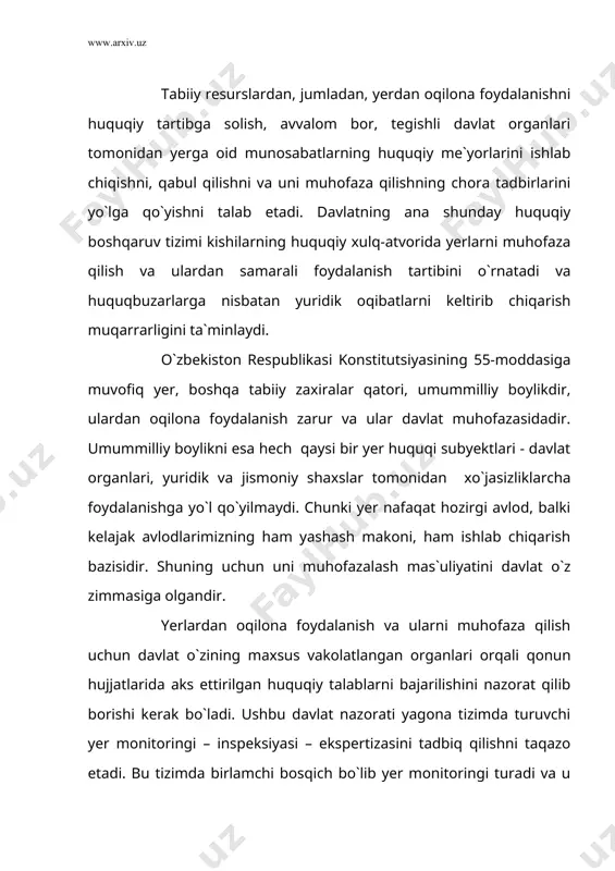 abiiy obyektlarni) holatini sistematik ravishda tekshirib borishdir. bu termin tabiiy obyektlarga nisbatan rasman 1972 yil birlashgan millatlar tashkilotining tabiatni muhofaza qilish bo`yicha o`tkazilgan stokgolm konferensiyasida ilk bor ishlatildi. shuning uchun bo`lsa kerak xx asrning 70-80 – yillargacha chop etilgan adabiyotlarda (ayniqsa yer huquqida) bu atama juda kam qo`llanilgan. yer monitoringi o`zbekiston qonunchiligida birinchi bor 1998 yil 30 aprelda qabul qilingan yer kodeksining 14-moddasida aks ettirildi. unga binoan yer monitoringi – yer tarkibidagi o`zgarishlarni o`z vaqtida aniqlash, yerlarga baho berish, salbiy jarayonlarning oldini olish va oqibatlarni tugatish uchun yer fondining holatini kuzatib turish tizimidan iborat. yer tarkibidagi o`zgarishlar, ya`ni yerlarning maqsadli foydalanishligi, tuproq unumdorligi, sho`rlanganligi,, eroziyaga uchraganligi, botqoqlanganligi, ifloslanganligi, ortiqcha namlanganligi yoki qurib qolganligi, o`zboshimchalik bilan egallab olinganligi, tabiatni muhofaza etish talablarini bajarmaganligini kuzatib borishdir. agar e`tibor bersangiz, yer monitoringi yer kodeksining 90-moddasida, jinoyat kodeksining 193, 197, 199-moddalarida, ma`muriy javobgarlik to`¦risidagi kodeksning 65, 77, 82, 89, 91, 95, 104, 105, 106-moddalarida …