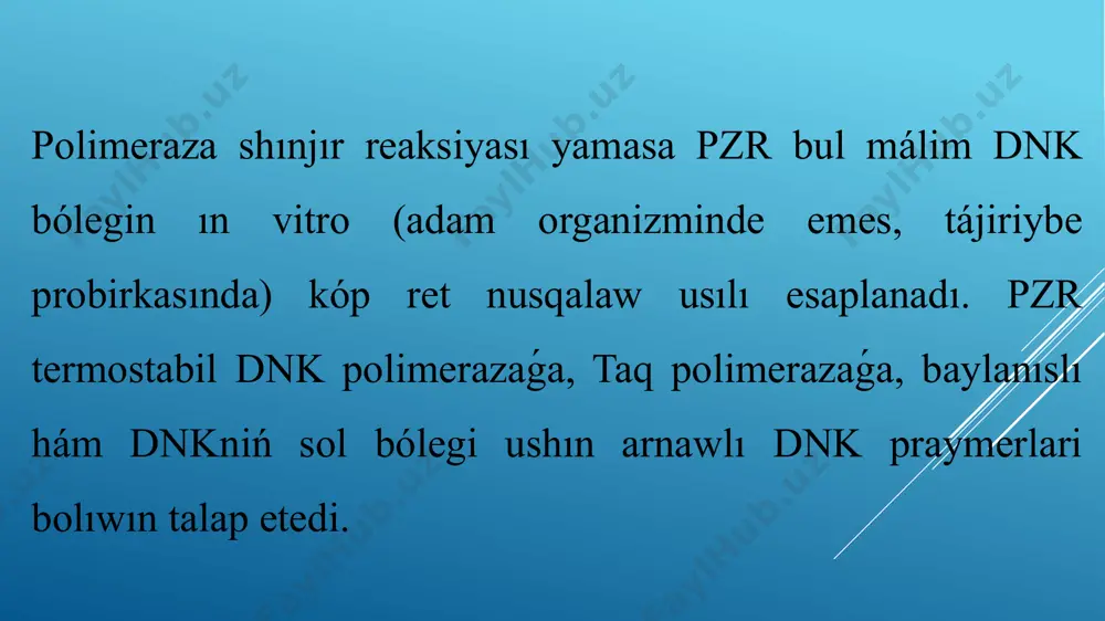 joqarı temperatura beriledi. nátiyjede keyingi basqısh ushın kerekli bir shınjırlı ulgi payda boladı. yumshatish (555555 - 656565°\text c°c°, start text, c, end text): praymerlar ulgi dnkdagi komplimentar bólimlerine baylanısıwı ushın reaksiyada temperatura pasaytiriladi. uzaytırıw (72 °\text c72°c72, °, start text, c, end text): taq polimeraza praymerlarni uzaytırıp, jańa dnk shınjırların sintezlashi ushın reaksiyada temperatura kóteriledi. bul cikl ápiwayı pzr reaksiyasında 252525 - 353535 ret tákirarlanadı, ulıwma esapta dnkning kóbeytiriletuǵın bólegine baylanıslı túrde 222 - 444 saat waqıt sarplanadı. eger reaksiya nátiyjeli (jaqsı nátiyjeli) bolsa, nıshan bólim bir nesheden milliard mártege shekem kóbeyiwi múmkin. image1.png image2.png image3.png image4.png image5.png image6.png