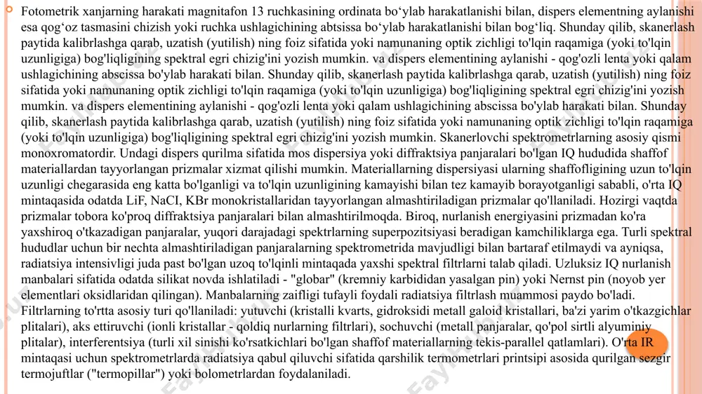 lqin uzunligida torayadi. agar ishchi nurda va taqqoslash nurida berilgan to'lqin uzunligining nurlanishi turli xil intensivlikka ega bo'lsa, masalan, namunaning yutilishi bilan ishchi nurda zaiflashsa, u holda qabul qiluvchida o'zgaruvchan elektr signali paydo bo'ladi. kuchaytirish va konvertatsiya qilishdan so'ng, bu signal radiatsiya oqimlari tenglashtirilgunga qadar fotometrik takozni 12 (diafragma) boshqaradigan egzoz motoriga 11 beriladi. fotometrik xanjarning harakati magnitafon 13 ruchkasining ordinata bo‘ylab harakatlanishi bilan, dispers elementning aylanishi esa qog‘oz tasmasini chizish yoki ruchka ushlagichining abtsissa bo‘ylab harakatlanishi bilan bog‘liq. shunday qilib, skanerlash paytida kalibrlashga qarab, uzatish (yutilish) ning foiz sifatida yoki namunaning optik zichligi to'lqin raqamiga (yoki to'lqin uzunligiga) bog'liqligining spektral egri chizig'ini yozish mumkin. va dispers elementining aylanishi - qog'ozli lenta yoki qalam ushlagichining abscissa bo'ylab harakati bilan. shunday qilib, skanerlash paytida kalibrlashga qarab, uzatish (yutilish) ning foiz sifatida yoki namunaning optik zichligi to'lqin raqamiga (yoki to'lqin uzunligiga) bog'liqligining spektral egri chizig'ini yozish mumkin. va dispers elementining aylanishi - …