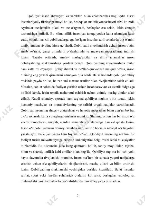 kundalik hayotini yengillashtirish va jamiyat ichida o‘z o‘rnini topish uchun zarur edi. masalan, tosh davrida insonlar o‘z qobiliyatlarini asbob-uskunalar yasash, ov qilish va turar joy qurish uchun ishlatganlar. ular tabiiy sharoitlarga moslashish, olov yoqish, mehnat taqsimotini amalga oshirish kabi ko‘nikmalarga ega bo‘lishgan. shu davrda jismoniy kuch va aqliy tafakkur qobiliyatlari eng muhim omillardan biri bo‘lib, hayotda omon qolish uchun katta ahamiyatga ega bo‘lgan. qadimgi sivilizatsiyalar shakllangan sari inson qobiliyatlari yanada rivojlanib, murakkab ijtimoiy va madaniy faoliyatlar bilan bog‘liq bo‘la boshladi. misr, mesopotamiya, hindiston va xitoy kabi qadimgi sivilizatsiyalarda qobiliyatning yangi turlari paydo bo‘ldi. bu davrda ilm-fan, matematika, yozuv, me’morchilik va san’at sohalarida insonning maxsus qobiliyatlari muhim ahamiyat kasb etdi. insonlar bilimi va mahorati ortib borishi bilan turli kasblar shakllandi, hunarmandchilik va savdo rivojlandi. antik davrda qobiliyat tushunchasi falsafiy nuqtai nazardan o‘rganila boshlandi. yunon faylasuflari inson qobiliyatlarini tafakkur va bilim bilan bog‘laganlar. masalan, aristotel inson aql-idrok va mantiqiy fikrlash qobiliyatini boshqa …