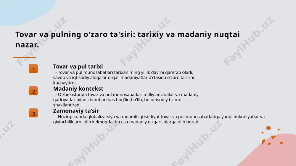 markaziy bank pul siyosatini amalga oshirib, inflyatsiya va iqtisodiy o'sishni boshqaradi, iqtisodiy barqarorlikka erishishga yordam beradi. 4 valyuta boshqaruvi markaziy bank valyuta kursini nazorat qiladi va milliy valyutaning barqarorligini ta'minlash maqsadida tashqi iqtisodiy faoliyatni boshqaradi. o'zbekistondagi moliya institutlari va ularning ahamiyati. 01 o'zbekistonning moliya tizimi o'zbekistonda moliya tizimi, iqtisodiy o'sishni qo'llab-quvvatlash, barqarorlikni ta'minlash va investitsiyalarni jalb qilishda muhim rol o'ynaydi. 02 moliya institutlari o'zbekistondagi moliya institutlari, banklar, sug'urta kompaniyalari va investitsiya fondlari iqtisodiy faoliyatni rivojlantirish va moliyaviy resurslarni taqsimlashda ishtirok etadi. 03 ahamiyati va roli moliya institutlari, iqtisodiy barqarorlikni ta'minlash, aholi va biznes uchun moliyaviy xizmatlar taqdim etish orqali iqtisodiy o'sishga hissa qo'shadi. moliya tizimida innovatsiyalar va raqamli transformatsiya. 1 innovatsion moliya innovatsion moliya tizimlari raqamli texnologiyalar orqali yangi imkoniyatlar yaratmoqda, moliya xizmatlarini tez va qulay ko'rsatishni ta'minlamoqda. 2 raqamli to'lovlar raqamli to'lov tizimlari, masalan, mobil ilovalar va elektron hamyonlar, savdo jarayonlarini soddalashtirib, xarid qilishni qulaylashtirmoqda. 3 kriptovalyutalar kriptovalyutalar moliya …