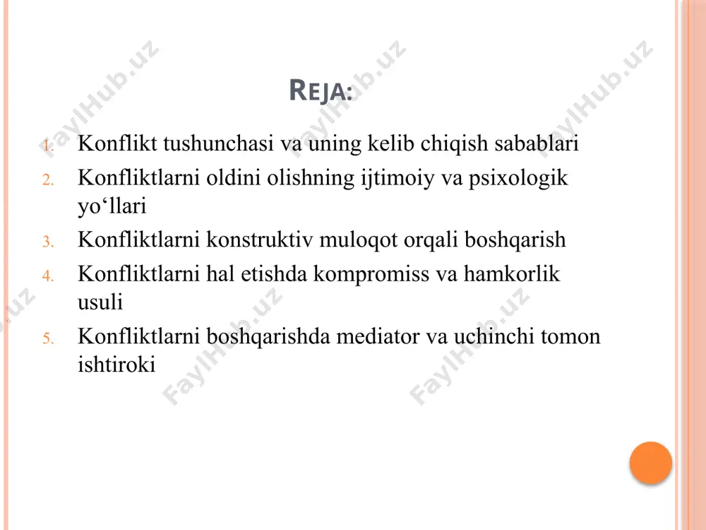 irmaslik, ularni kichik davrida hal etish ham muhimdir. rahbarlar va pedagoglar nizolarni oldindan sezish, ularning ehtimoliy manbalarini aniqlash hamda konstruktiv muloqot vositalaridan foydalanishga alohida e’tibor qaratishi lozim. ijtimoiy va psixologik muhit sog‘lom bo‘lsa, konfliktlar kamroq uchraydi. konfliktlarni konstruktiv muloqot orqali boshqarish muloqot – konfliktlarni boshqarishning eng samarali vositasidir. ochiq va samimiy muloqot yordamida tomonlar bir-birini yaxshiroq tushunib, o‘z pozitsiyalarini asoslab berishi mumkin. konfliktli vaziyatda har ikki tomon ham diqqat bilan tinglanishi, fikrlari inobatga olinishi zarur. muloqotda "men" uslubidan foydalanish muhim bo‘lib, bunda shaxs o‘z his-tuyg‘ularini ayblovsiz ifodalaydi. masalan, "sen doim noto‘g‘ri qilasan" deyish o‘rniga "bu vaziyatda men o‘zimni noqulay his qildim" deyish ko‘proq samarali. shuningdek, muammoni umumiy masala sifatida ko‘rib chiqish va birgalikda yechim topishga intilish ham konfliktni yumshatadi. muloqot jarayonida sabr, hurmat va xolislikni saqlash zarur. agar taraflar o‘zaro kelishib, umumiy manfaatni topa olsa, konflikt konstruktiv tarzda hal bo‘ladi. bu usul kelajakda ham ijobiy munosabatlar uchun zamin yaratadi. konfliktlarni …